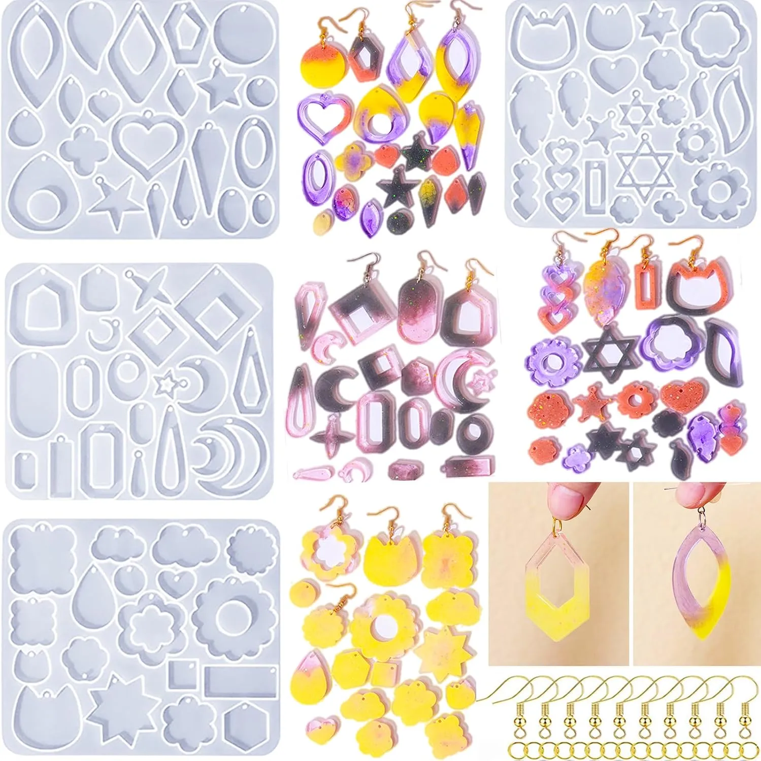 104Pcs Geometric Resin Earring Molds Kit, Flower Shaped Earrings Silicone Mold for Epoxy Resin Dangle Drop Jewelry Molds Making Kit with 100 Earring Hook for Earrings Necklace Pendants (Irregular)