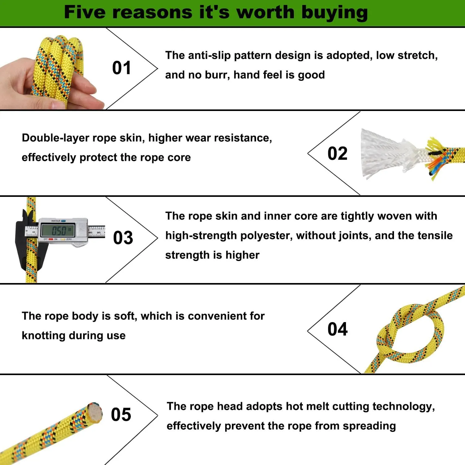 1/2 Inch Double Braided Arborist Rope Strong Polyester Rope 48 Strands for Tree Work Climbing Pulling Sailing Swing