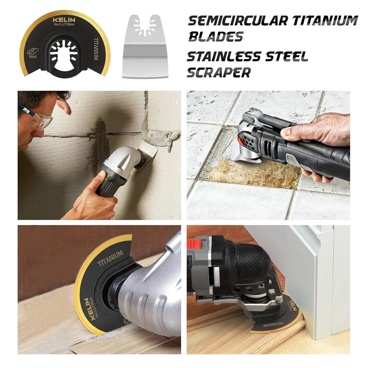 18 PCS Titanium Oscillating Tool Saw Blades with Stainless Steel Scraper and Semicircle Blades Kit, Universal Multi Tool Blades for Light Metal Sheet Pipe and Wood (NOT for Star Lock Interface)