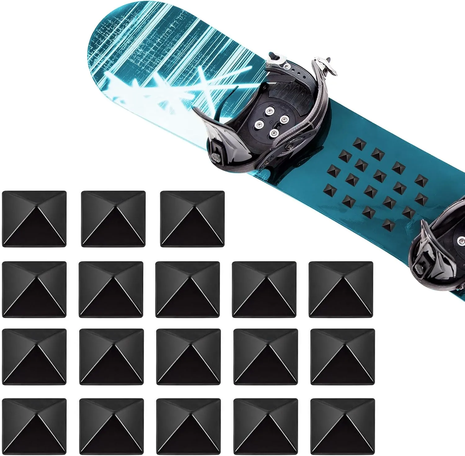 18Pcs Snowboard Stomp Pad Pyramid Studs Snowboard Grip Stomp Pad Anti Slip Metal Grip Snowboard Step Pad Self Adhesive Snow Board Mat Provides Extra Grip for Men Women Winter Snowboarding Ski Skiing