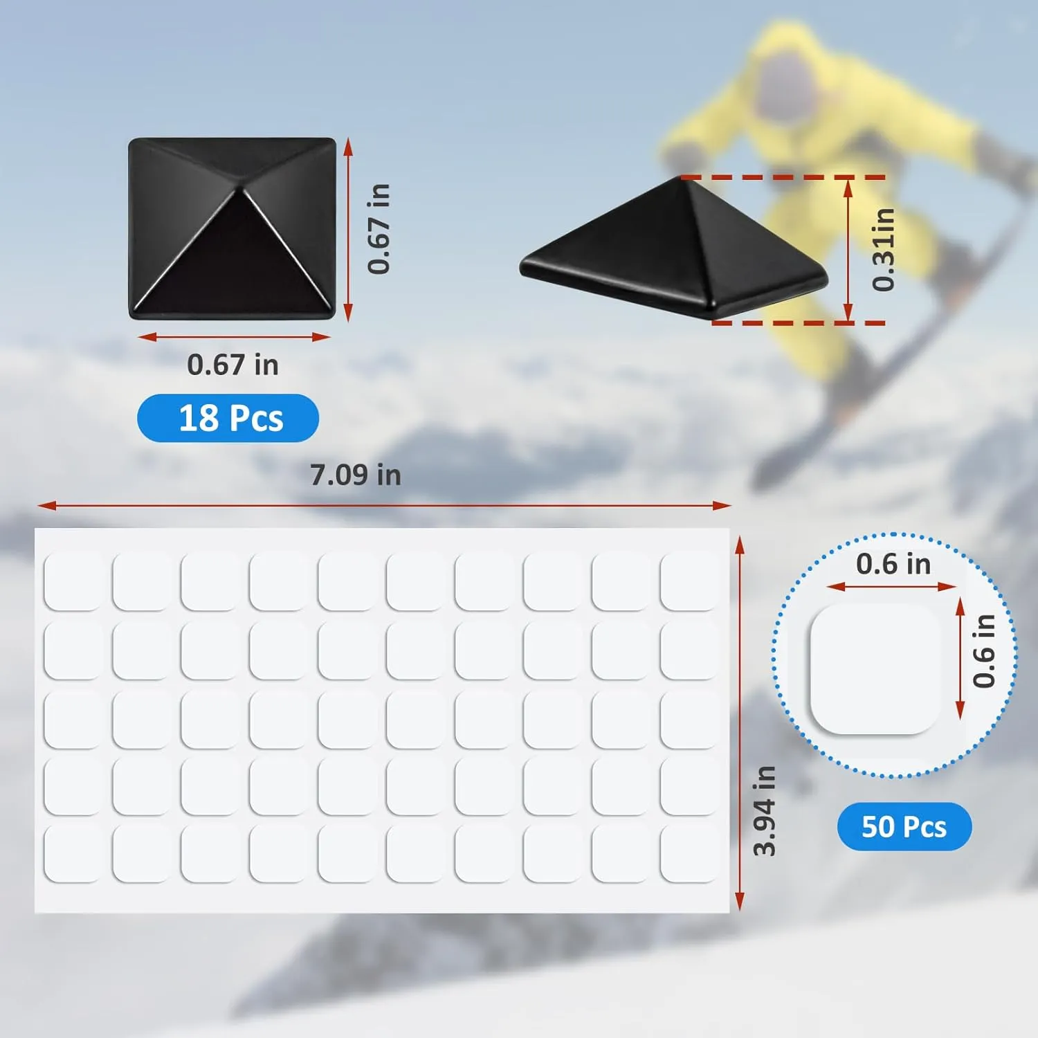 18Pcs Snowboard Stomp Pad Pyramid Studs Snowboard Grip Stomp Pad Anti Slip Metal Grip Snowboard Step Pad Self Adhesive Snow Board Mat Provides Extra Grip for Men Women Winter Snowboarding Ski Skiing