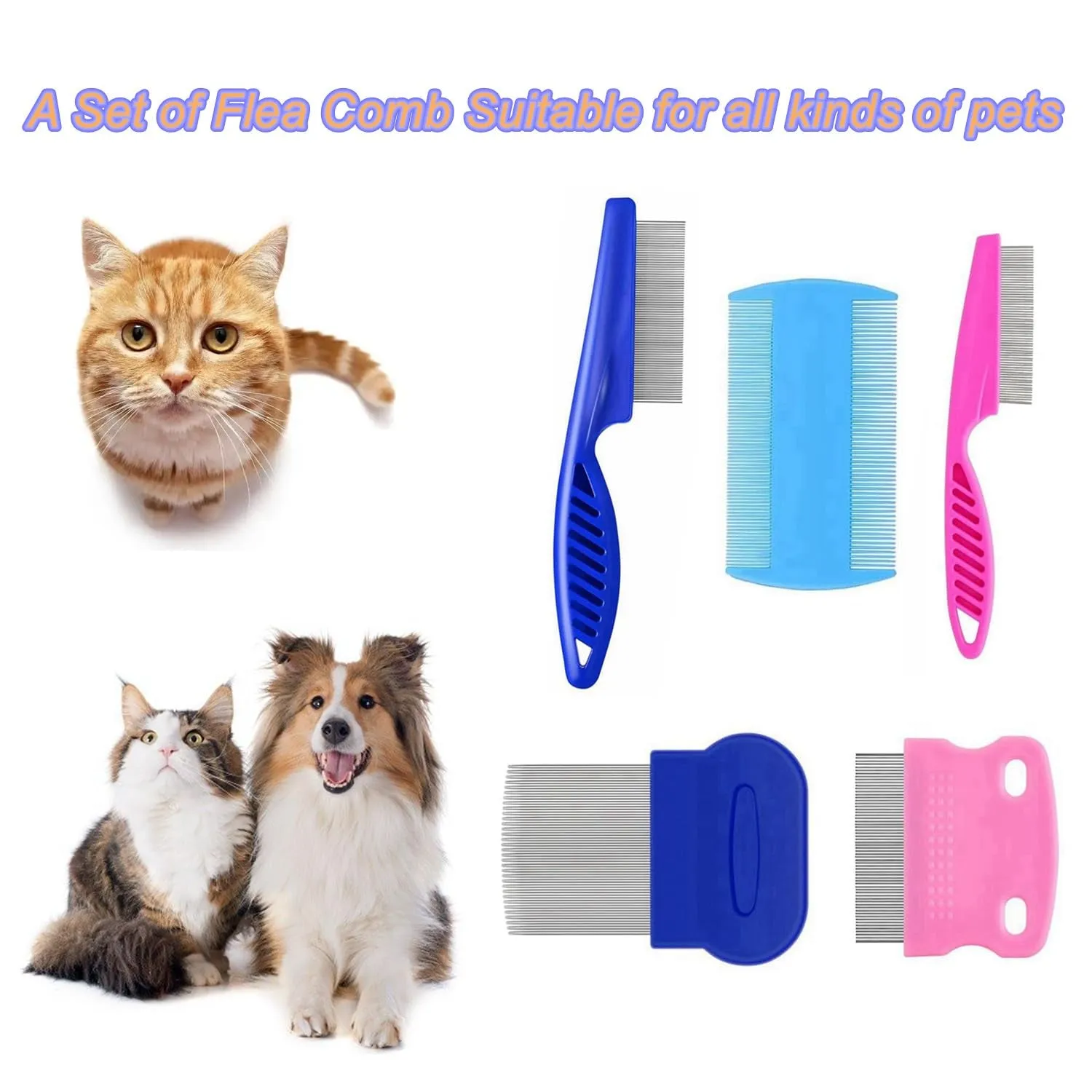 5 Pack Flea Lice Comb,Stainless Steel Dog Cat Grooming Combs with Rounded Teeth,Double Sided Professional Pet Tear Stain Remover,Dematting Tool for Small, Ideal for All Pet