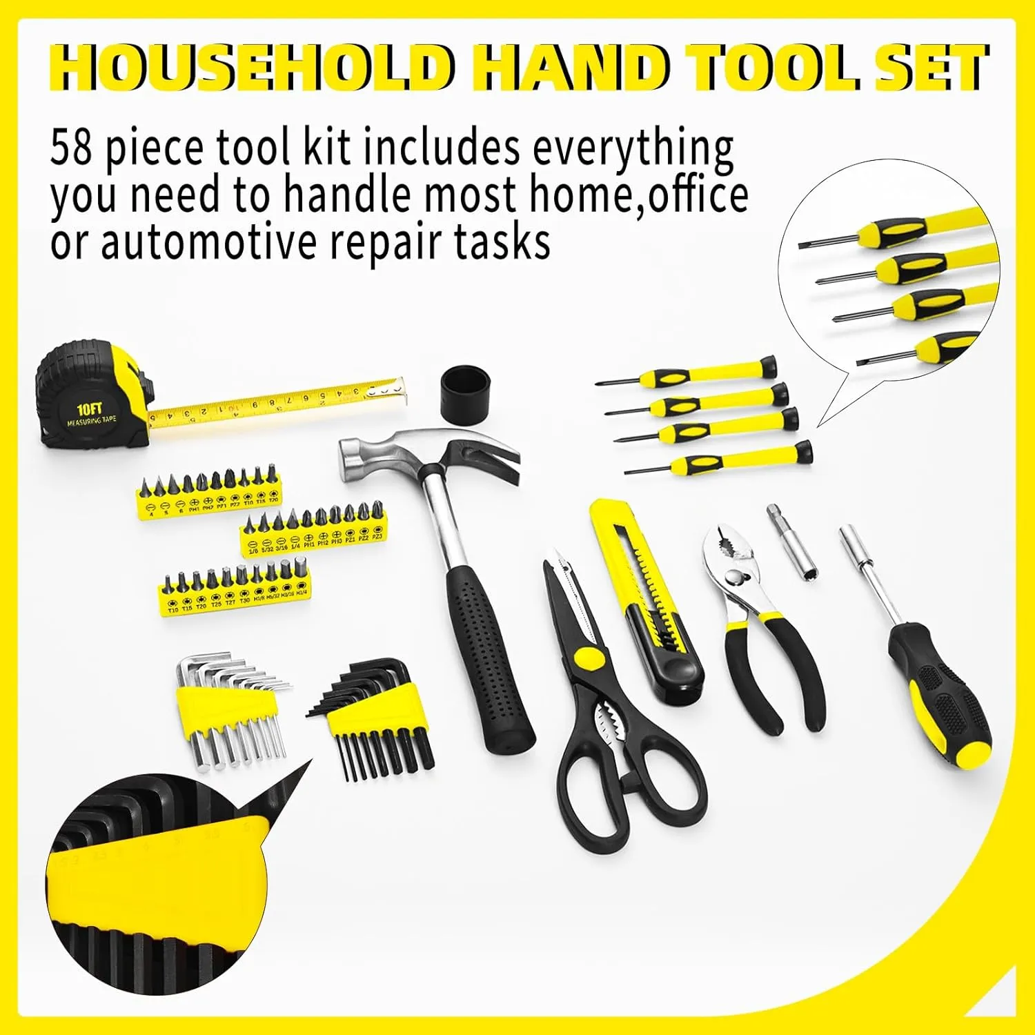 58-Piece Tool Kit Basic Home Repair Tool Set, General Household Hand Tool Kit,Small Tool Kit with Plastic Toolbox Mini Tool kit for Women, Office & College Repairs Yellow