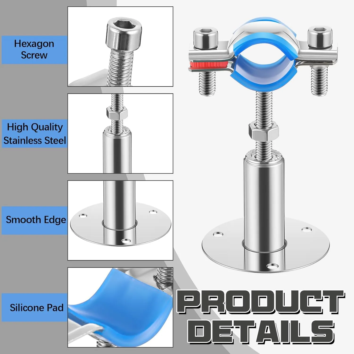 8 Pcs 304 Stainless Steel Wall Mount Ceiling Mount Pipe Supports Bracket, Suitable for OD 1"(32-34mm), Adjustable Height 50-100mm, Pipe Strap Clamp with Screws Screwdriver