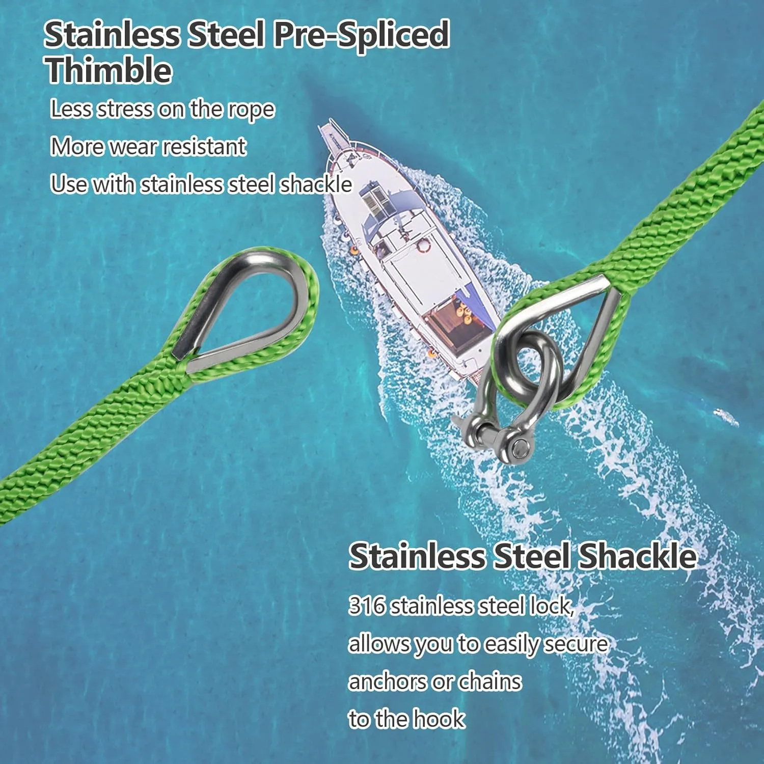 Anchor Rope 50 Ft x 3/8 Inch Premium Solid Braid MFP Anchor Line Braided Anchor Ropes with 316 Stainless Steel Thimble and Heavy Duty Shackle Marine Rope Light Green