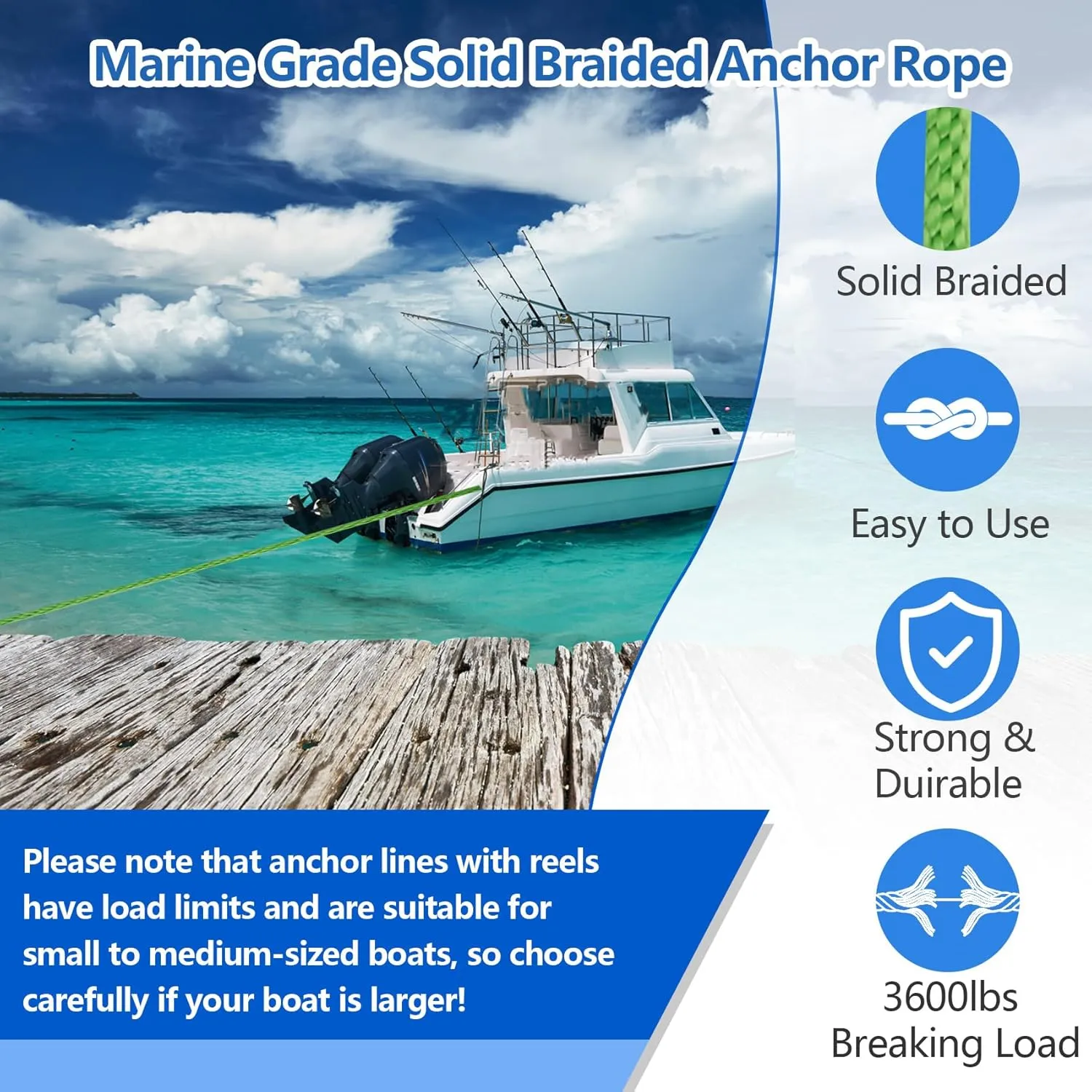 Anchor Rope 50 Ft x 3/8 Inch Premium Solid Braid MFP Anchor Line Braided Anchor Ropes with 316 Stainless Steel Thimble and Heavy Duty Shackle Marine Rope Light Green