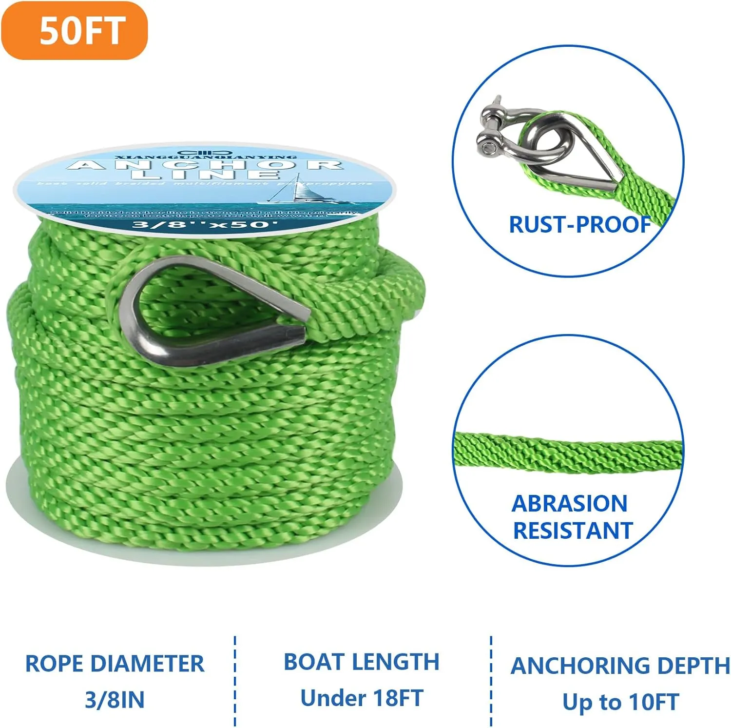 Anchor Rope 50 Ft x 3/8 Inch Premium Solid Braid MFP Anchor Line Braided Anchor Ropes with 316 Stainless Steel Thimble and Heavy Duty Shackle Marine Rope Light Green