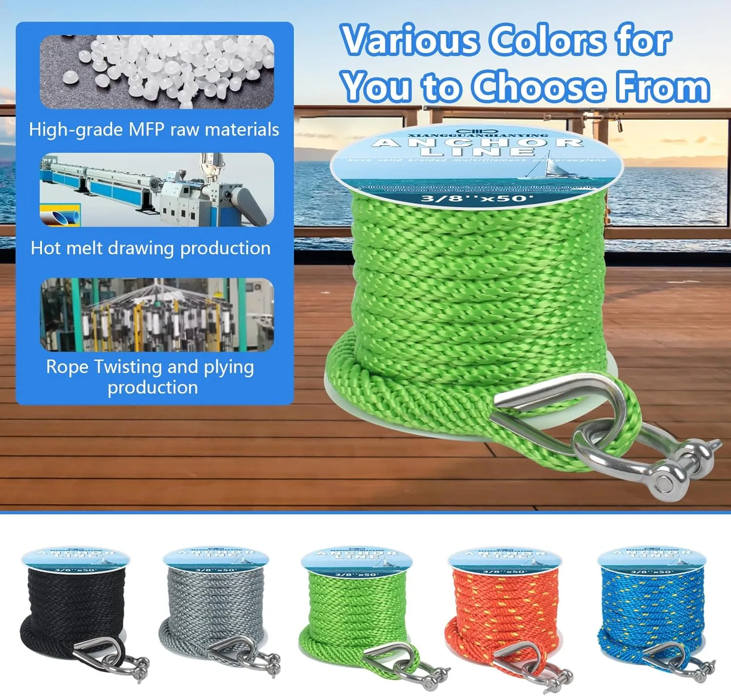 Anchor Rope 50 Ft x 3/8 Inch Premium Solid Braid MFP Anchor Line Braided Anchor Ropes with 316 Stainless Steel Thimble and Heavy Duty Shackle Marine Rope Light Green
