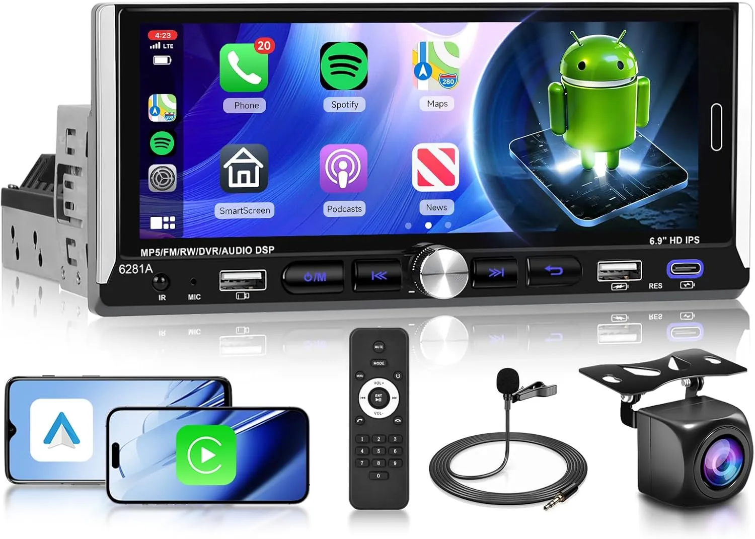 Android Car Radio 7 Inch Single Din with Wireless Carplay Android Auto, Hodozzy Touch Screen Car Stereo with 5G WiFi,GPS Navigation, Bluetooth, Mirror Link, DSP/ASP, FM/RDS Radio, SWC  Camera