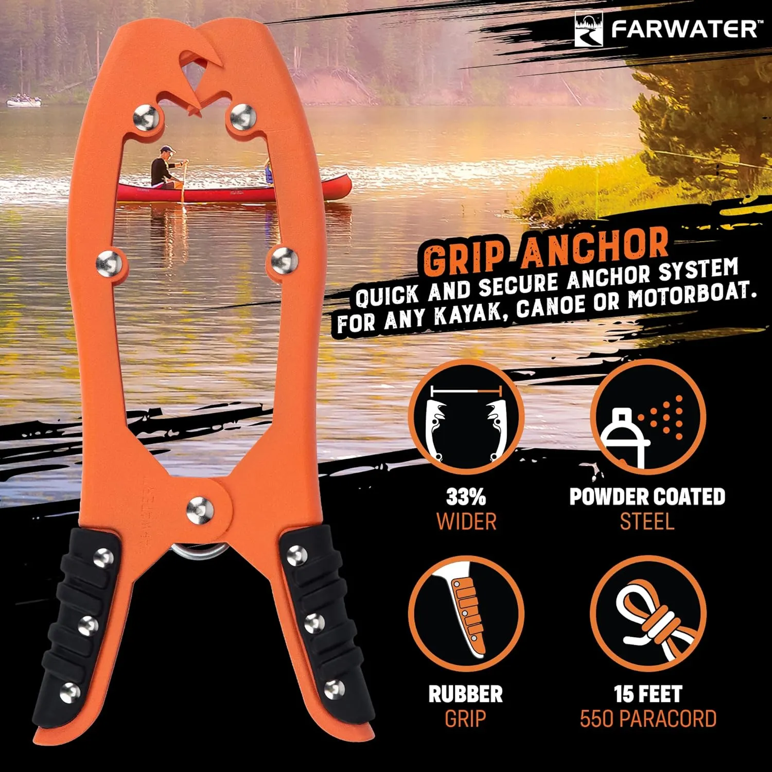 Canoe Anchor Grip - Boat, Float Tube & Kayak Fishing Accessories, Kayaking Equipment - Brush Clamp Anchor with Teeth - Gripper with 15ft Paracord - Rubber Grips - Coated Steel -