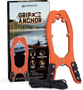 Canoe Anchor Grip - Boat, Float Tube & Kayak Fishing Accessories, Kayaking Equipment - Brush Clamp Anchor with Teeth - Gripper with 15ft Paracord - Rubber Grips - Coated Steel -