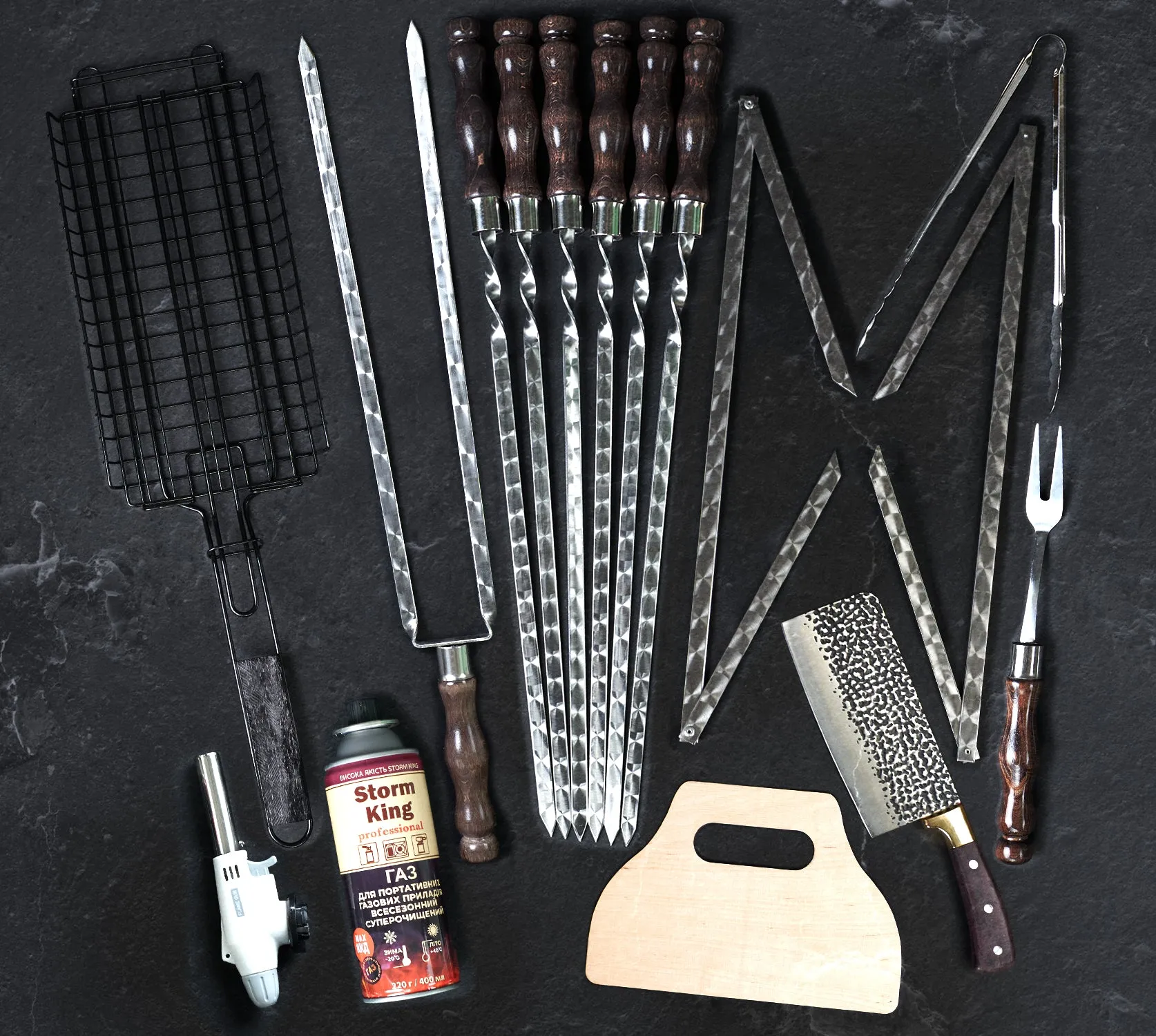 “Chameleon" Camping Accessories BBQ Skewers Set  in a Wooden Case - Table, 34 items