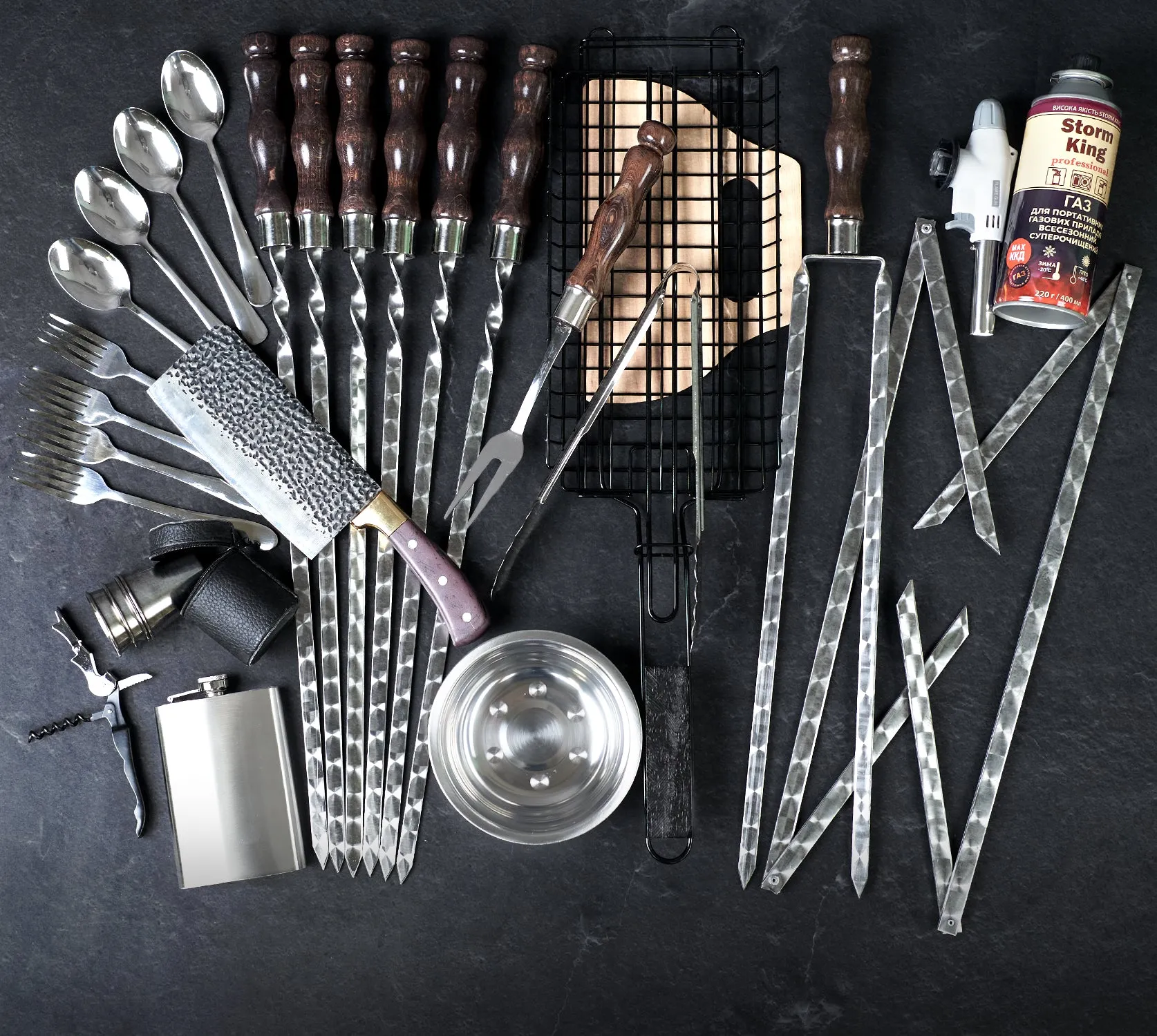 “Chameleon" Camping Accessories BBQ Skewers Set  in a Wooden Case - Table, 34 items