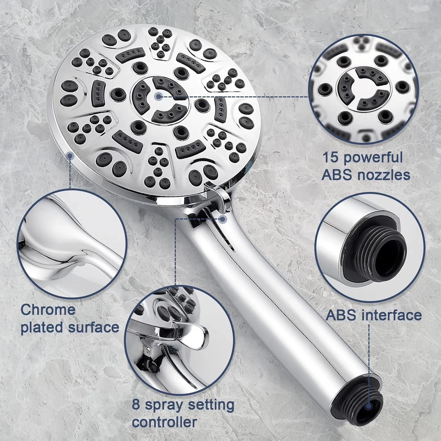 Cobbe High Pressure 8 Functions Shower Head with handheld - Powerful Detachable Shower Head Set for Low Water Pressure - Tool-less 1-Min Installation, Extra Long 60" Stainless Steel Hose (Chrome)