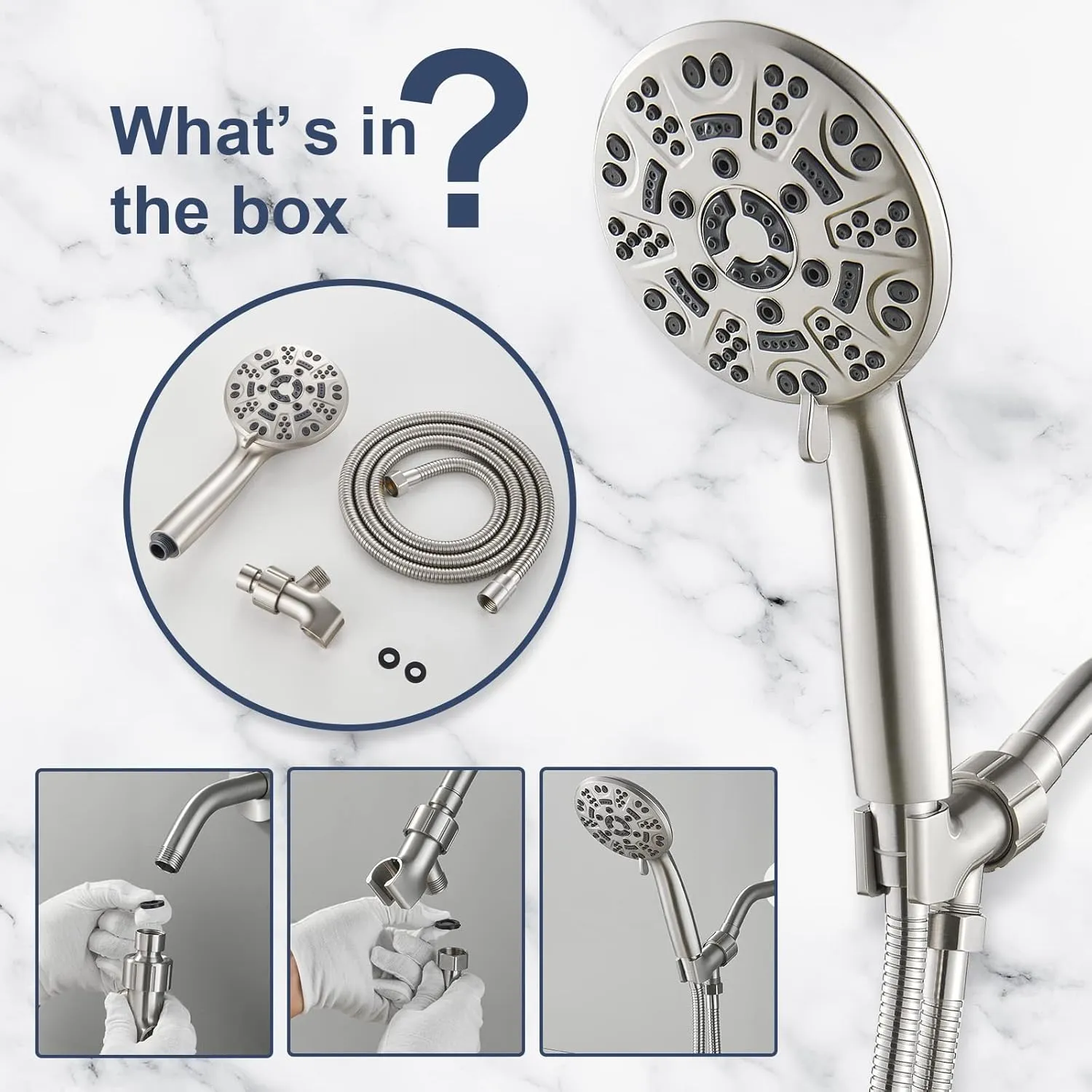 Cobbe High Pressure 8 Functions Shower Head with handheld - Powerful Detachable Shower Head Set for Low Water Pressure - Tool-less 1-Min Installation, Extra Long Stainless Steel Hose (Brushed Nickel)