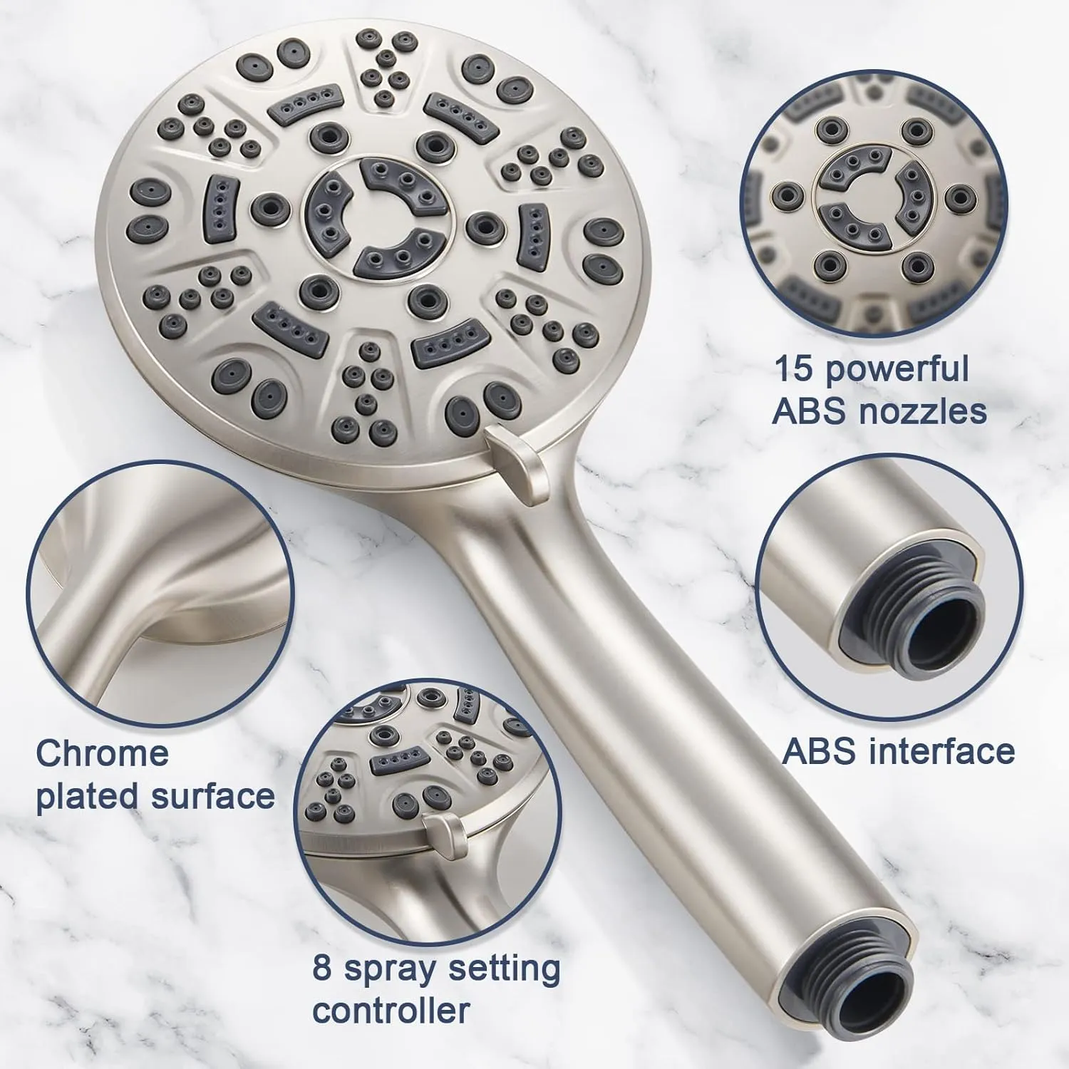 Cobbe High Pressure 8 Functions Shower Head with handheld - Powerful Detachable Shower Head Set for Low Water Pressure - Tool-less 1-Min Installation, Extra Long Stainless Steel Hose (Brushed Nickel)