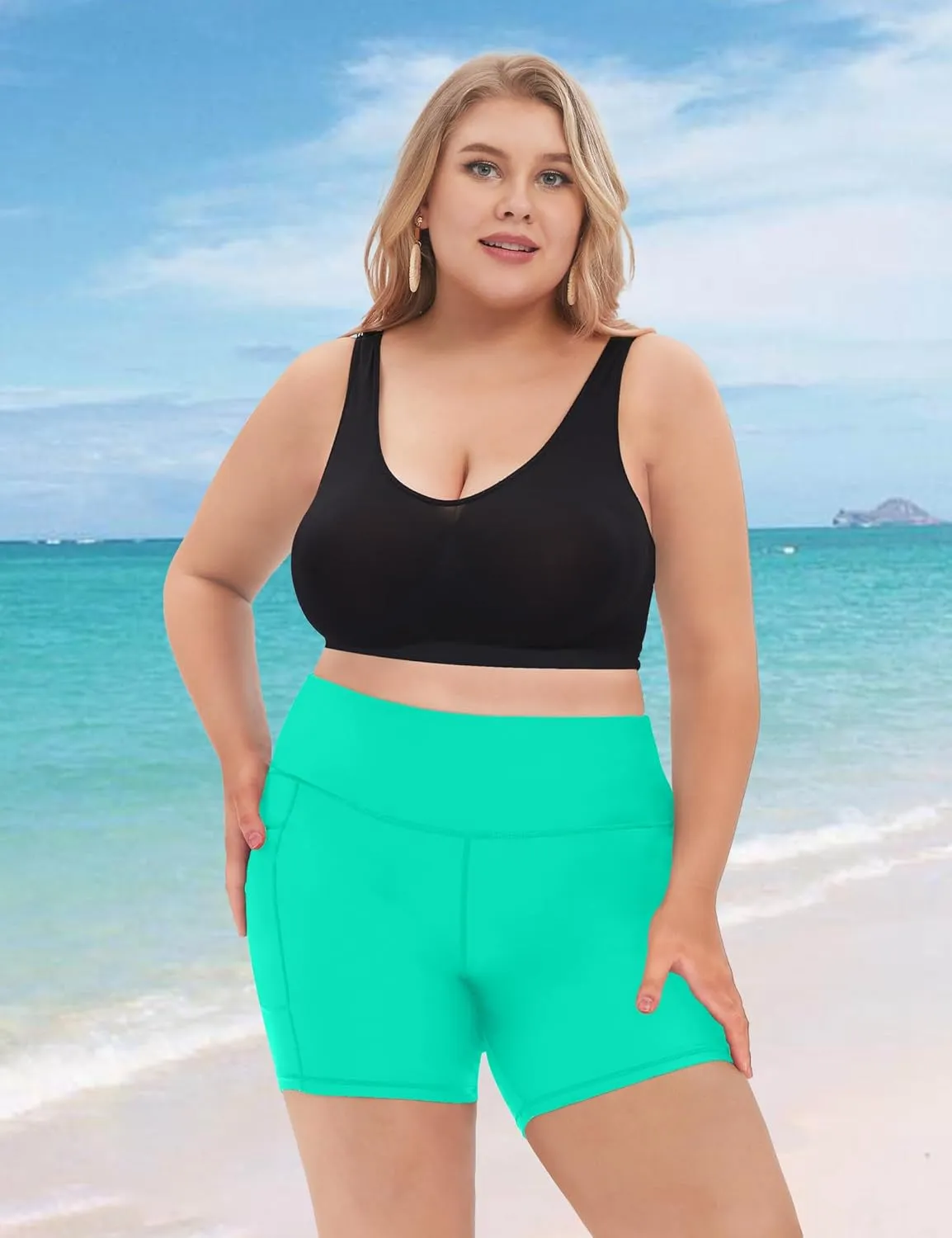 COOTRY Womens Plus Size Swim Shorts High Waisted Tummy Control Swimsuit Bottoms Board Shorts with Pockets
