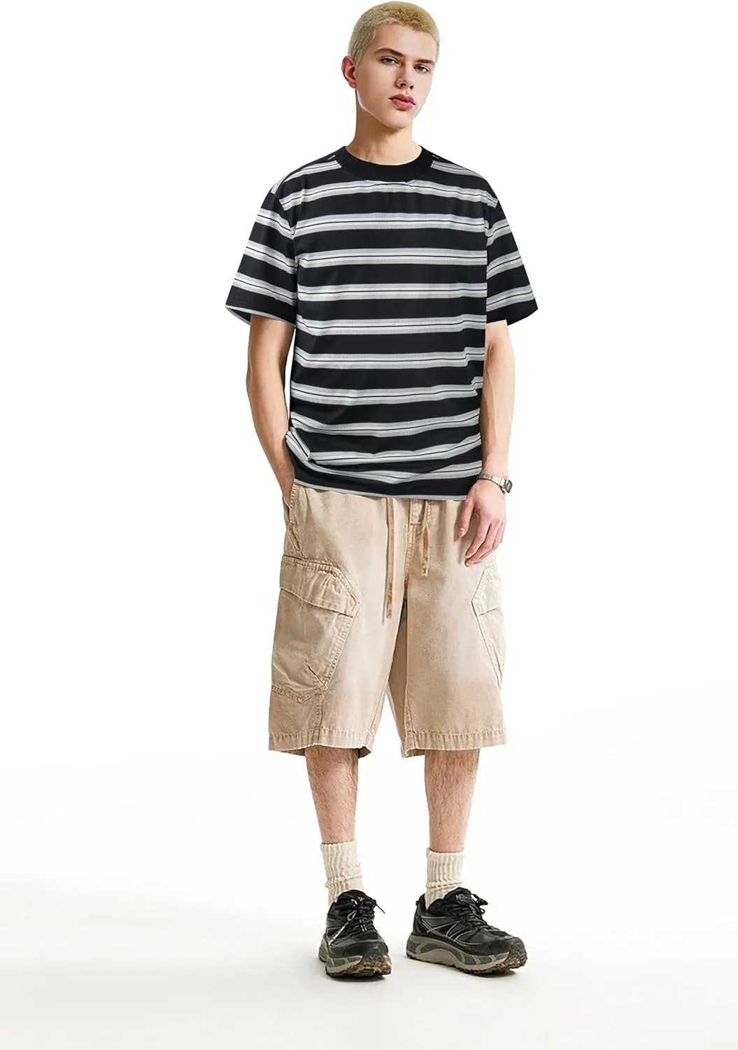 Derminpro Men's Stripe Polo Shirts Short Sleeve Loose Fit Collared T-Shirts