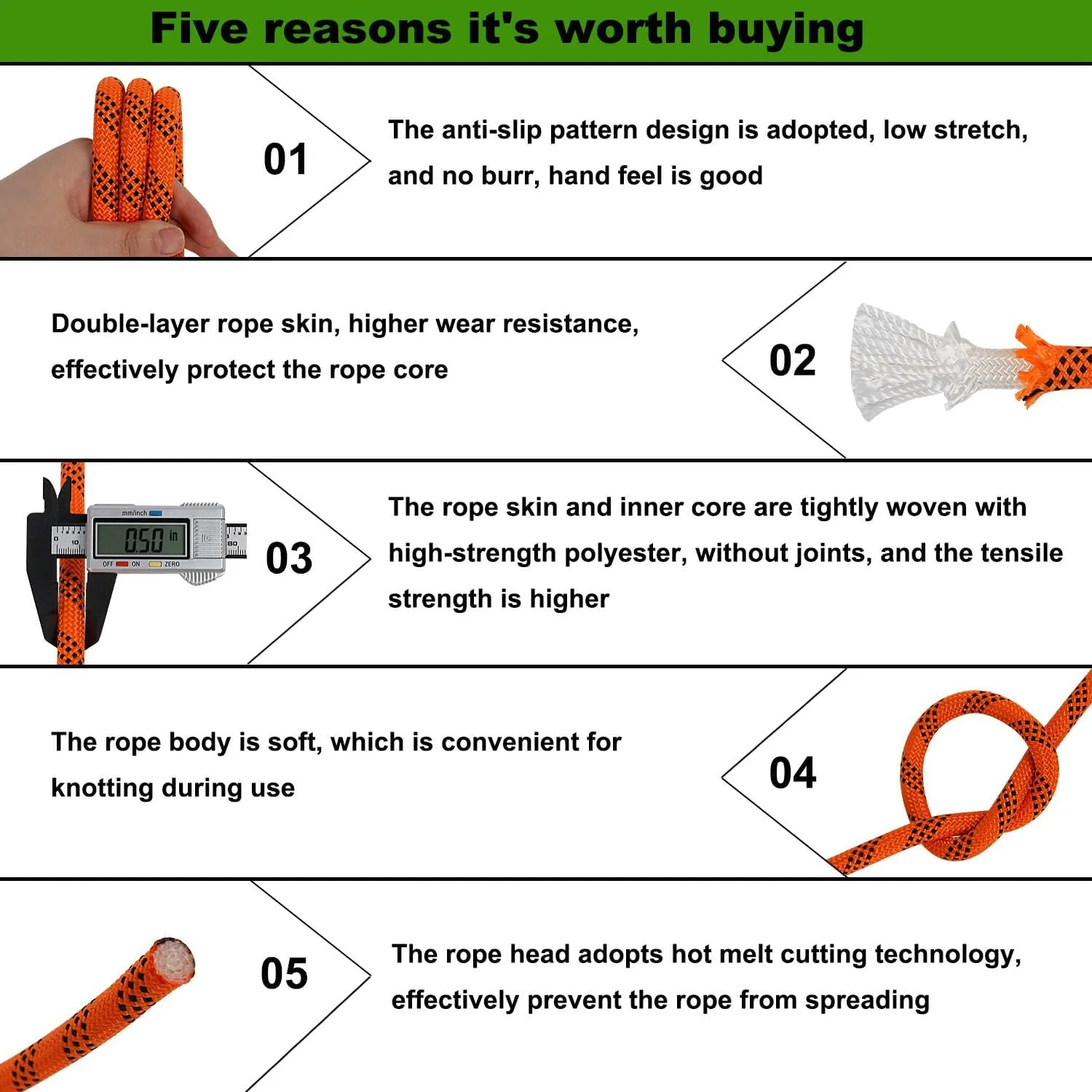 Double Braided Arborist Climbing Rope (1/2 in x 100 ft) High Strength Polyester Rope 48 Strands for Tree Work Pulling Swing Sailing, Orange/Black