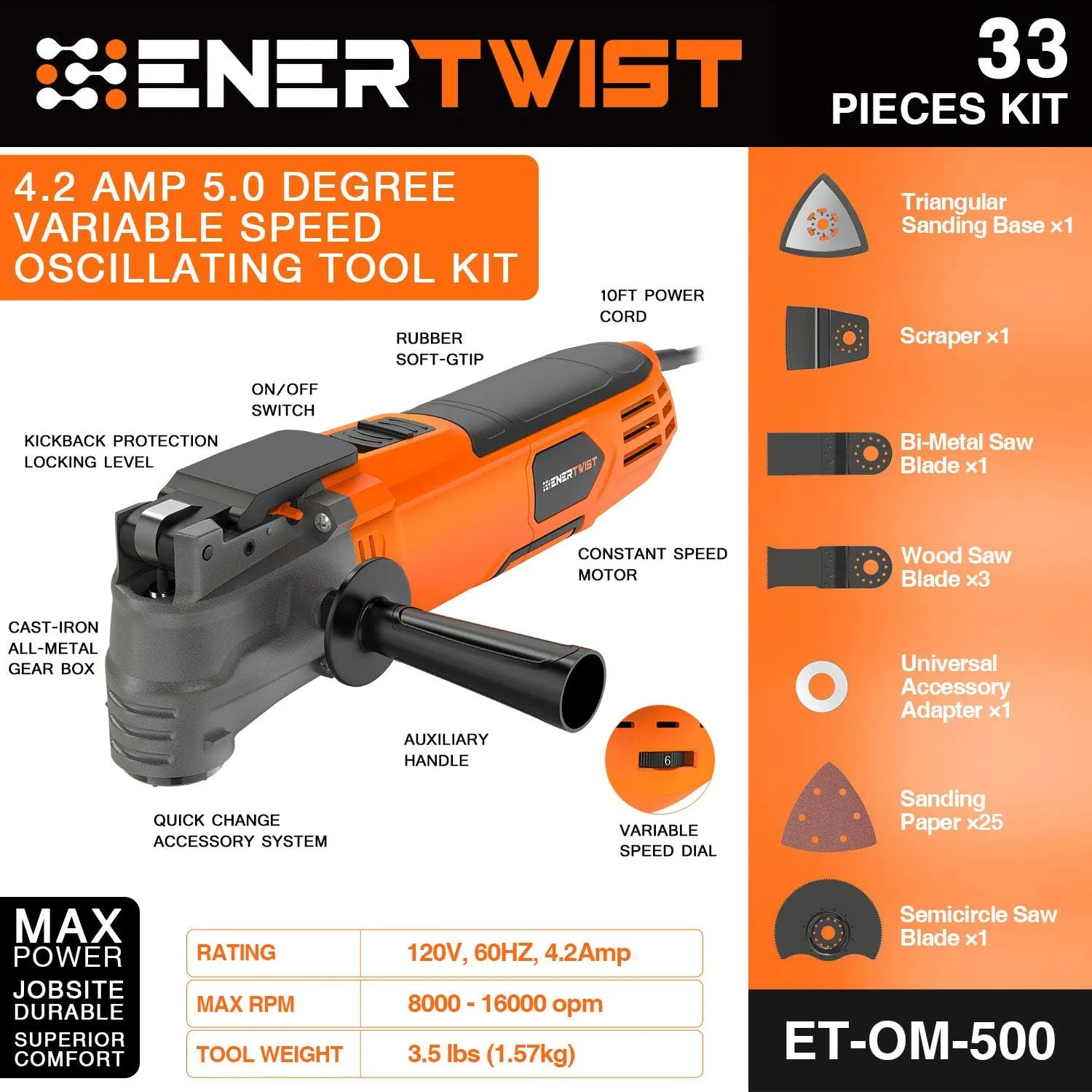 ENERTWIST Oscillating Tool, 4.2 Amp Oscillating Multitool Kit with 5 Oscillation Angle, 6 Variable Speed, 31pcs Saw Accessories, Auxiliary Handle and Carrying Bag, ET-OM-500