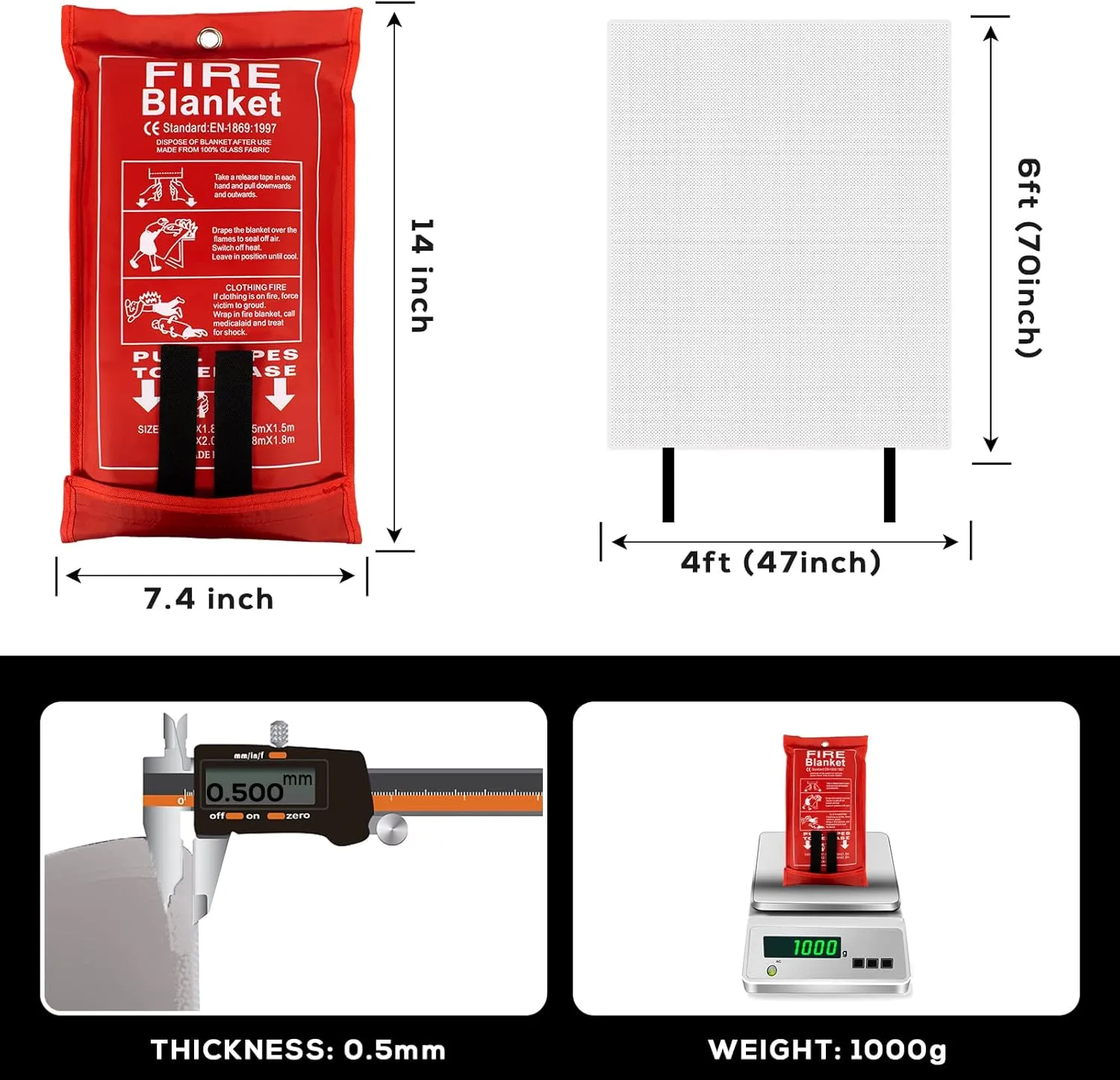 FLASLD Fire Blanket for Home and Kitchen, Fiberglass Fire Blankets Emergency for People, Flame Retardant Protection and Heat Insulation (4 ft x 6 ft)