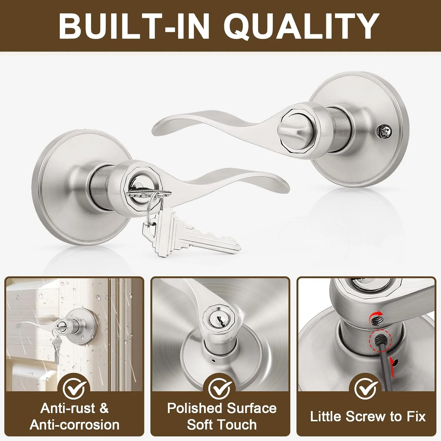 KNOBWELL 1 Pack Entrance Door Handleset Keyed Entry Front Door Levers with Lock and Key Brushed Nickel Exterior Door Handles(Same Key)