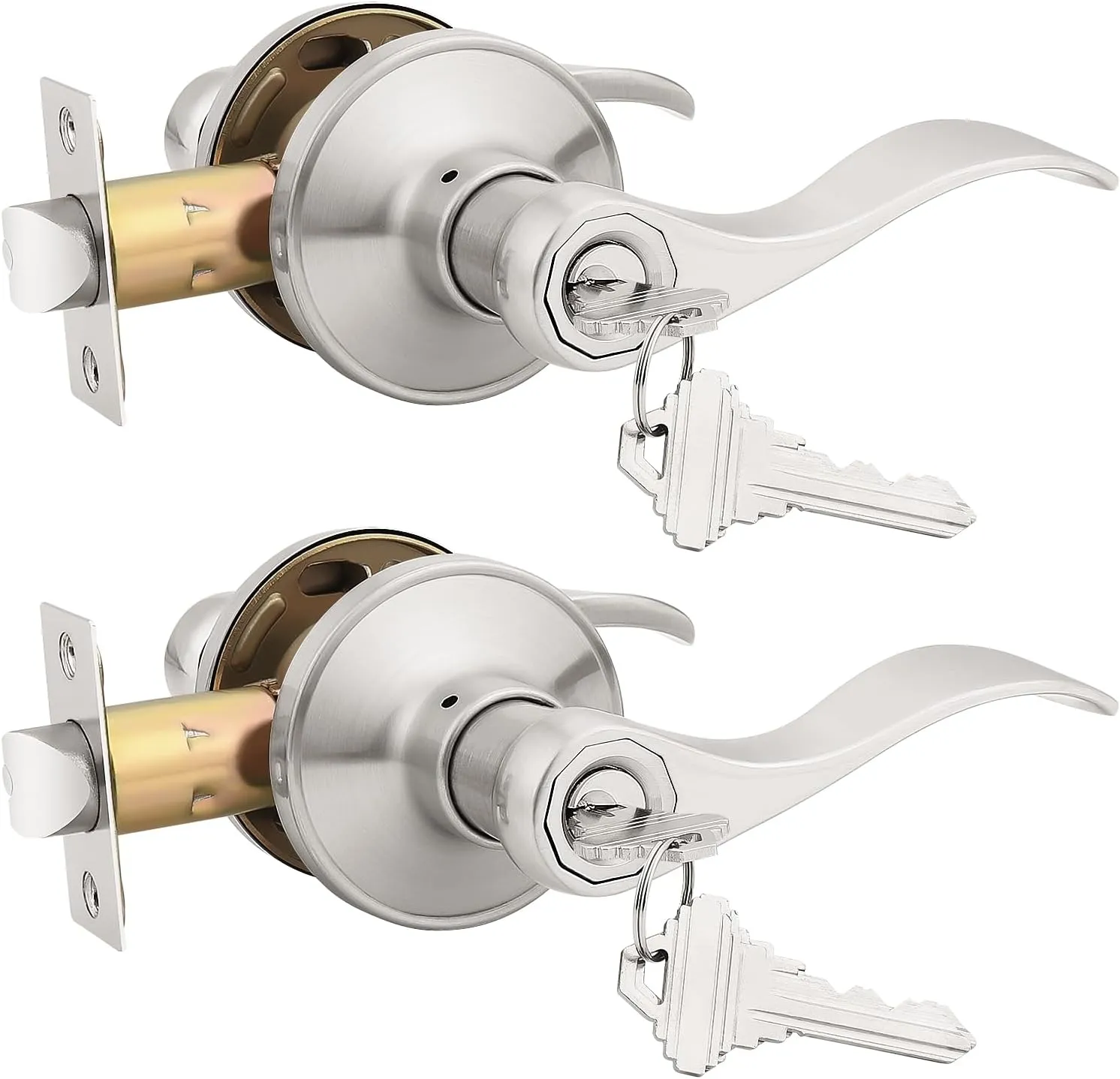 KNOBWELL 1 Pack Entrance Door Handleset Keyed Entry Front Door Levers with Lock and Key Brushed Nickel Exterior Door Handles(Same Key)