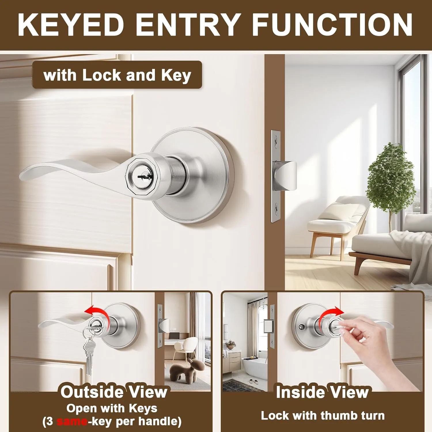 KNOBWELL 1 Pack Entrance Door Handleset Keyed Entry Front Door Levers with Lock and Key Brushed Nickel Exterior Door Handles(Same Key)