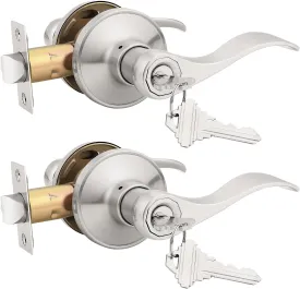KNOBWELL 1 Pack Entrance Door Handleset Keyed Entry Front Door Levers with Lock and Key Brushed Nickel Exterior Door Handles(Same Key)