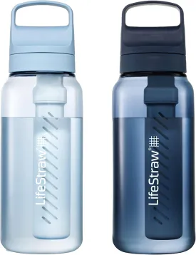 LifeStraw Go Series  BPA-Free Water Filter Bottle for Travel and Everyday use removes Bacteria, parasites and microplastics, Improves Taste, 1L 2-Pack; Icelandic Blue and Aegean Sea