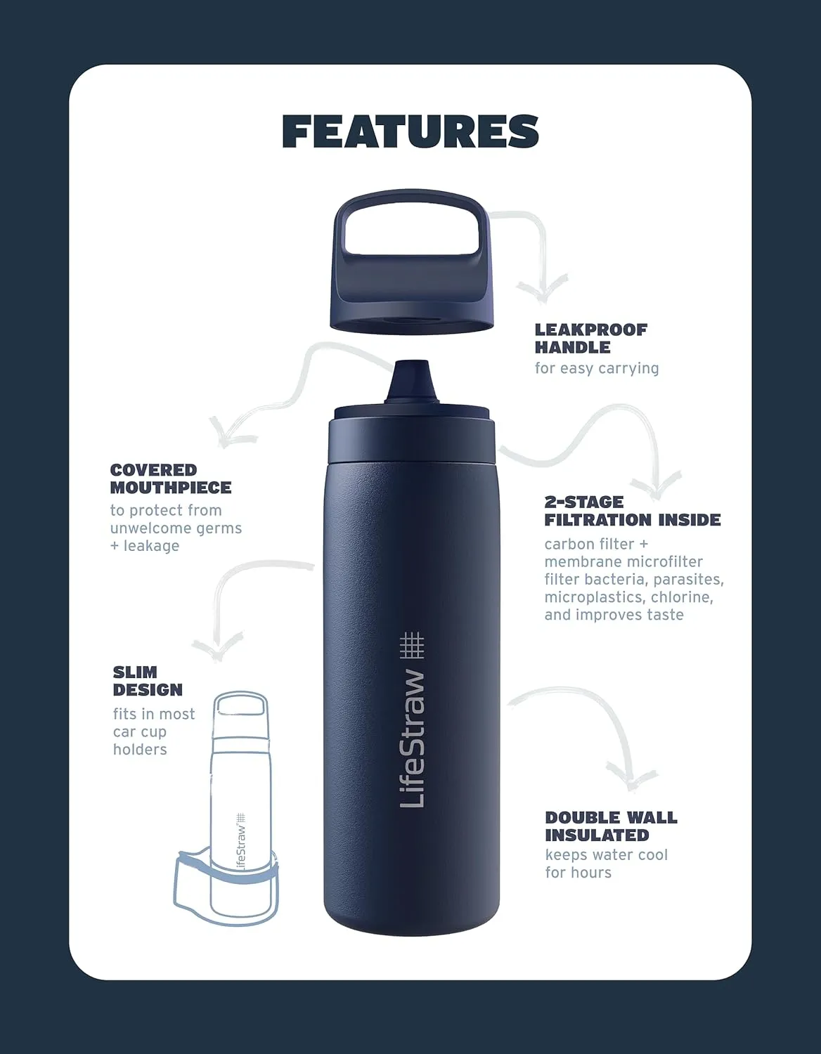 LifeStraw Go Series  Insulated Stainless Steel Water Filter Bottle for Travel and Everyday Use, Removes Bacteria, Parasites and Microplastics, Improves Taste, 1L Cactus Green