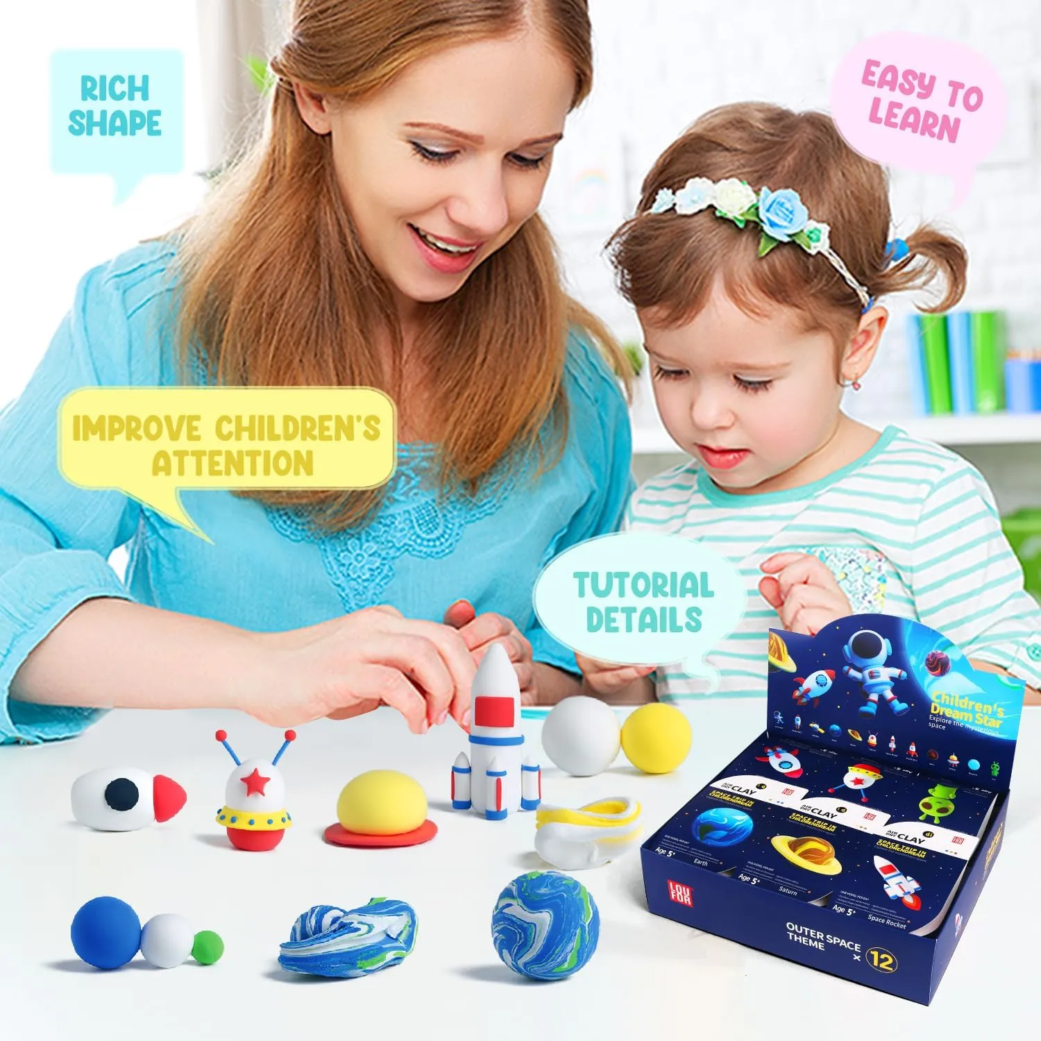 LOUFOR Air Dry Clay Kits - Modeling Clay for Kids, Ultra Light & Soft, Safe & Non-Toxic, DIY Airdryclay Kit with Sculpting Tools and Tutorials, Creatible Art Crafts Toys Gifts for Boys Girls