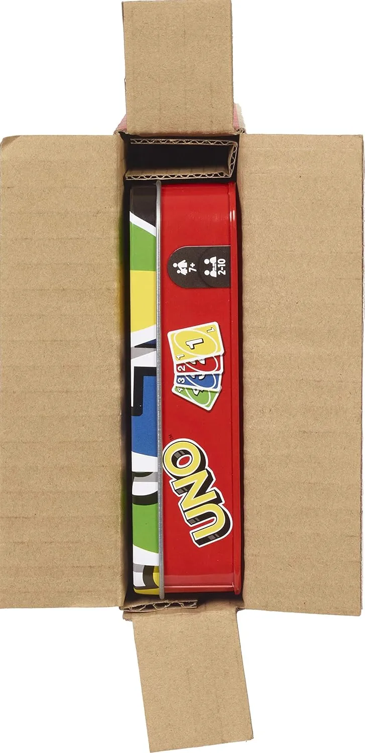 Mattel Games UNO Family Card Game, with 112 Cards in a Sturdy Storage Tin, Travel-Friendly, Makes a Great Toy for 7 Year Olds and Up