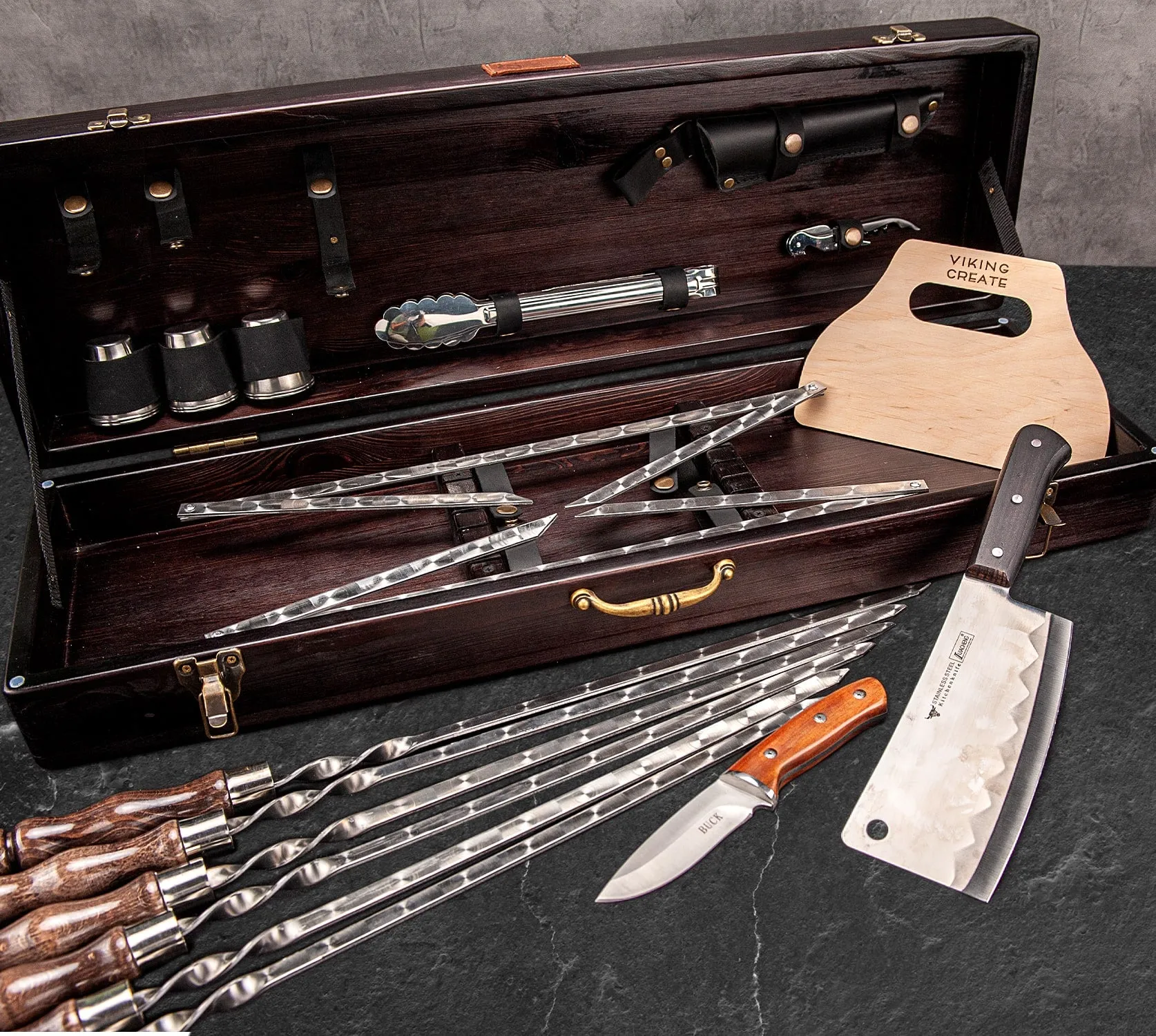 “Moose" Camping Accessories BBQ Skewers Set  in a Wooden Case, 44 items