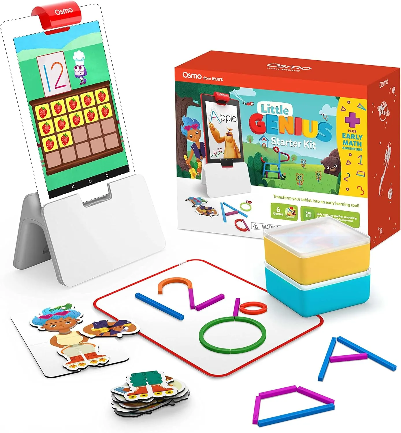 Osmo - Little Genius Starter Kit for Fire Tablet   Early Math Adventure - Valentine Toy - 6 Educational Games-Counting, Shapes & Phonics-STEM Gifts-Ages 3 4 5(Tablet Base Included)