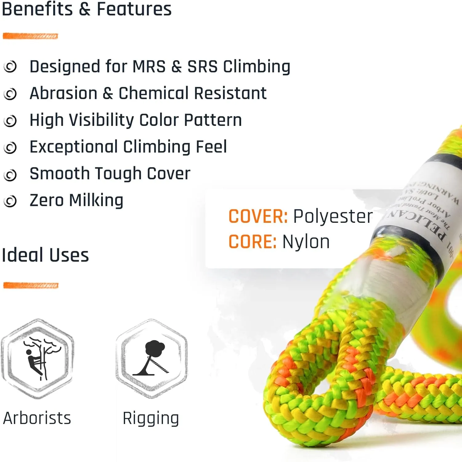 Pelican Rope Arborist Rope 11.8mm x 120Ft, USA Made High-Strength 24-Strands Static Climbing Rope - 5,400 lb Strength for Tree Climbing, Pulling, Outdoors & Swing - Red, Tight Spliced Eye