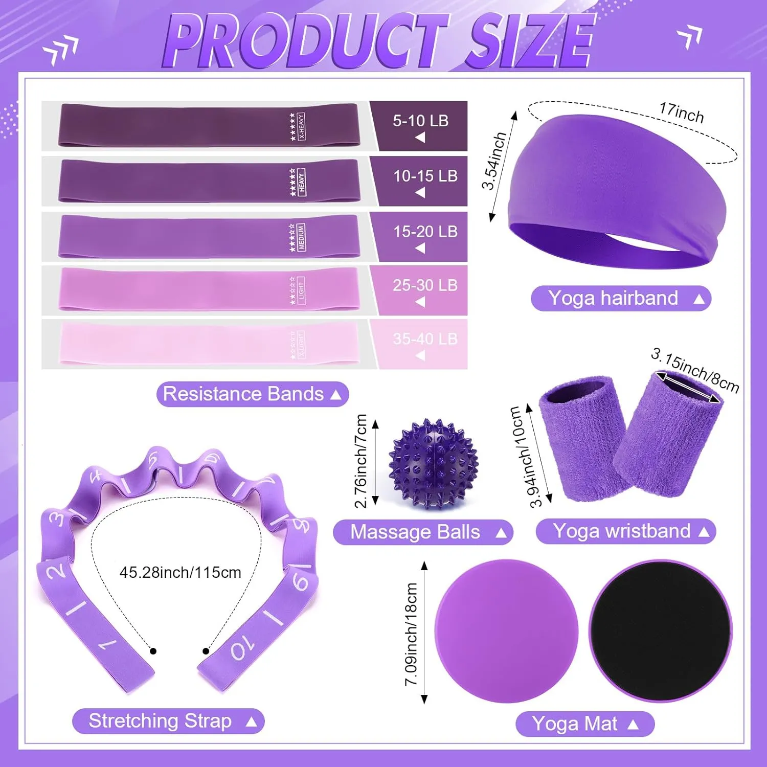 Poen 18 Pcs Pilates Ring Circle Set for Women Yoga Sets with Pilates Ring Circle Ball 5 Resistance Band Stretching Strap Non Slip Socks Ball Core Sliders Wristbands Headband Gym Bag