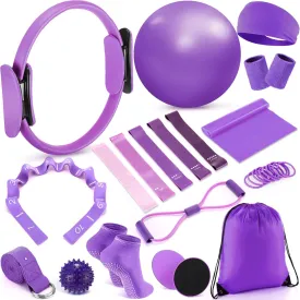Poen 18 Pcs Pilates Ring Circle Set for Women Yoga Sets with Pilates Ring Circle Ball 5 Resistance Band Stretching Strap Non Slip Socks Ball Core Sliders Wristbands Headband Gym Bag