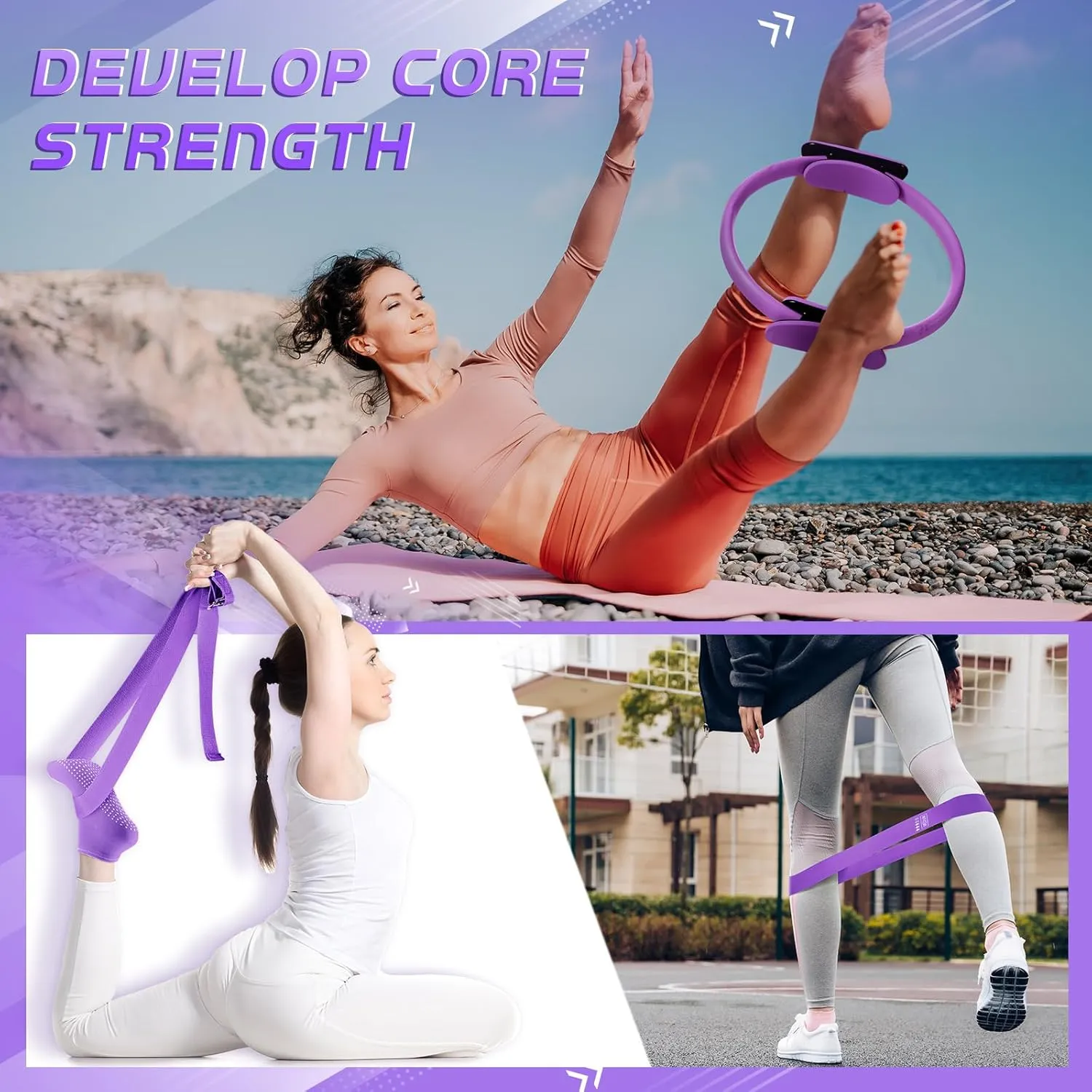 Poen 18 Pcs Pilates Ring Circle Set for Women Yoga Sets with Pilates Ring Circle Ball 5 Resistance Band Stretching Strap Non Slip Socks Ball Core Sliders Wristbands Headband Gym Bag