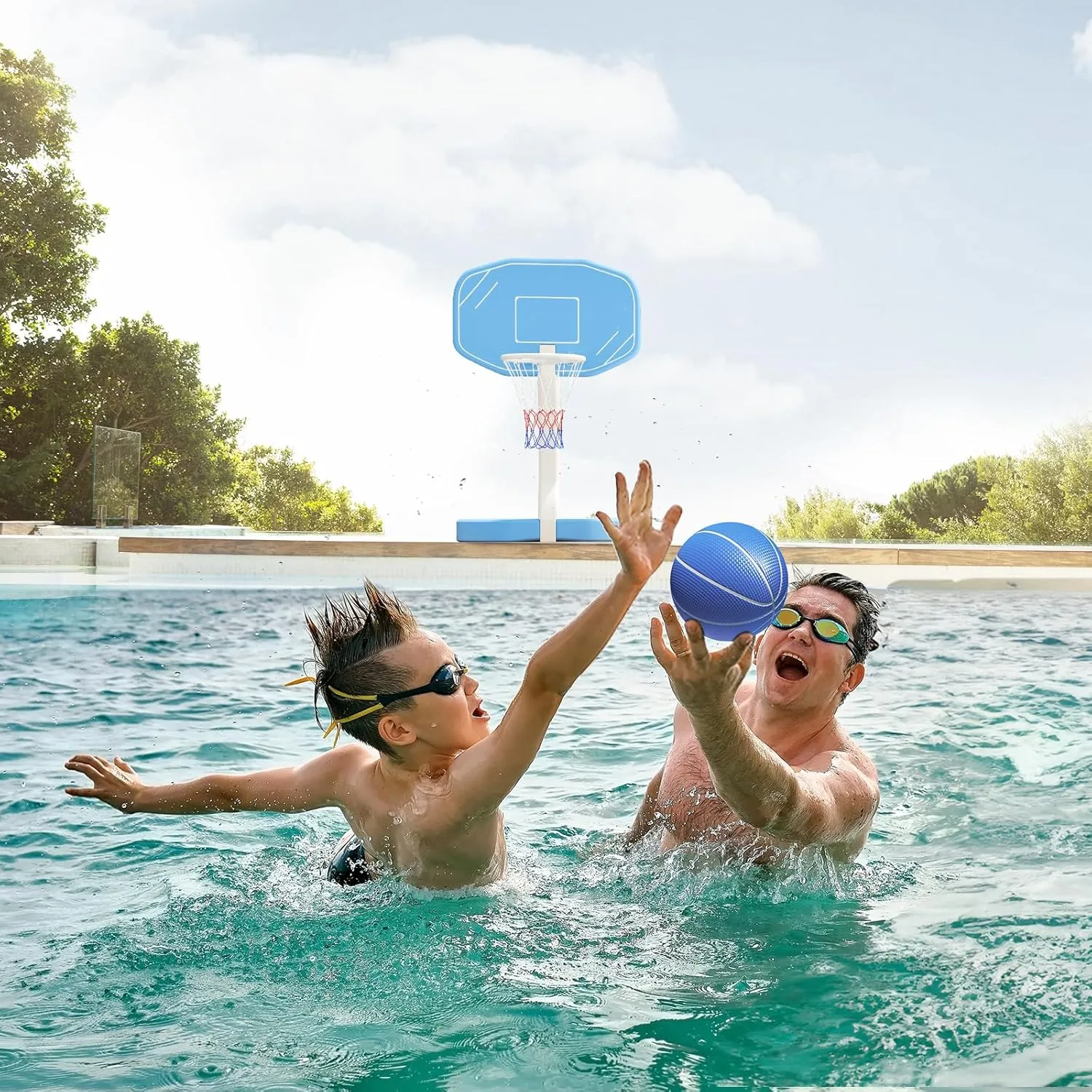 Pool Basketball Hoop or Pool Volleyball Net, 2 in 1 Pool Toys, Pool Accessories, and Pool Games for Inground Pools, Perfect for Kids and Adults to Enjoy Outdoor Summer Fun (Blue, Medium)