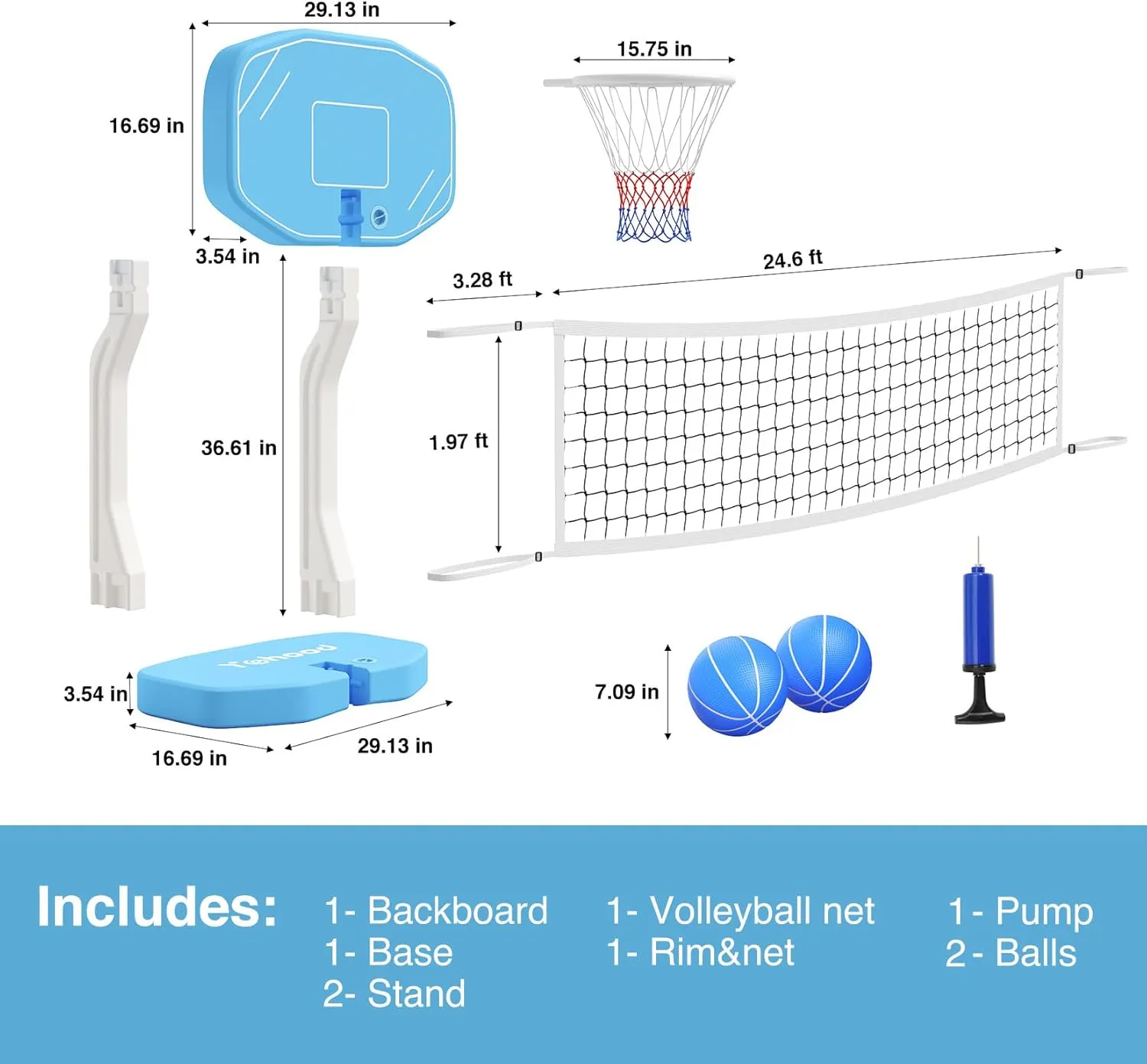 Pool Basketball Hoop or Pool Volleyball Net, 2 in 1 Pool Toys, Pool Accessories, and Pool Games for Inground Pools, Perfect for Kids and Adults to Enjoy Outdoor Summer Fun (Blue, Medium)