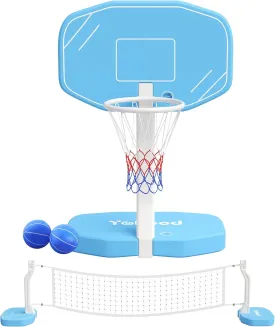 Pool Basketball Hoop or Pool Volleyball Net, 2 in 1 Pool Toys, Pool Accessories, and Pool Games for Inground Pools, Perfect for Kids and Adults to Enjoy Outdoor Summer Fun (Blue, Medium)