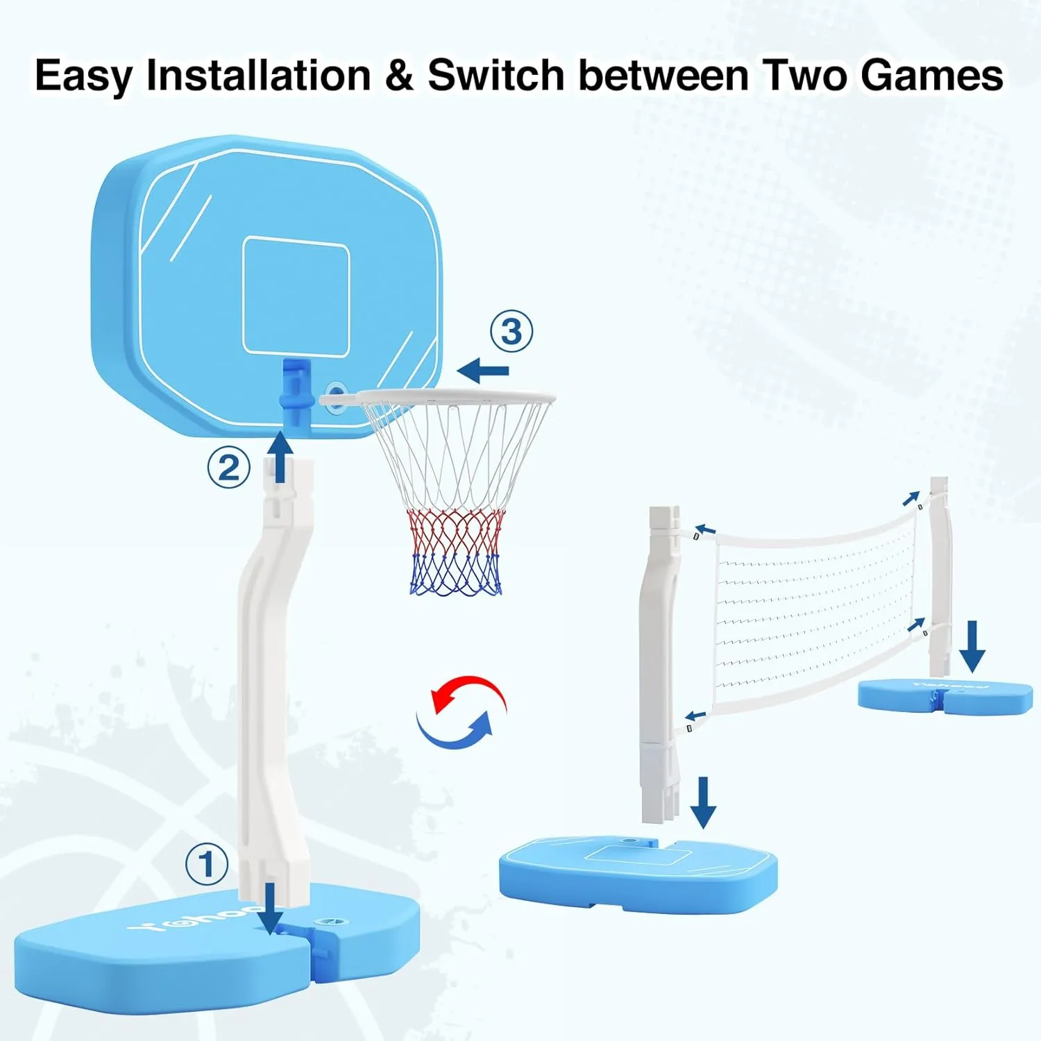 Pool Basketball Hoop or Pool Volleyball Net, 2 in 1 Pool Toys, Pool Accessories, and Pool Games for Inground Pools, Perfect for Kids and Adults to Enjoy Outdoor Summer Fun (Blue, Medium)