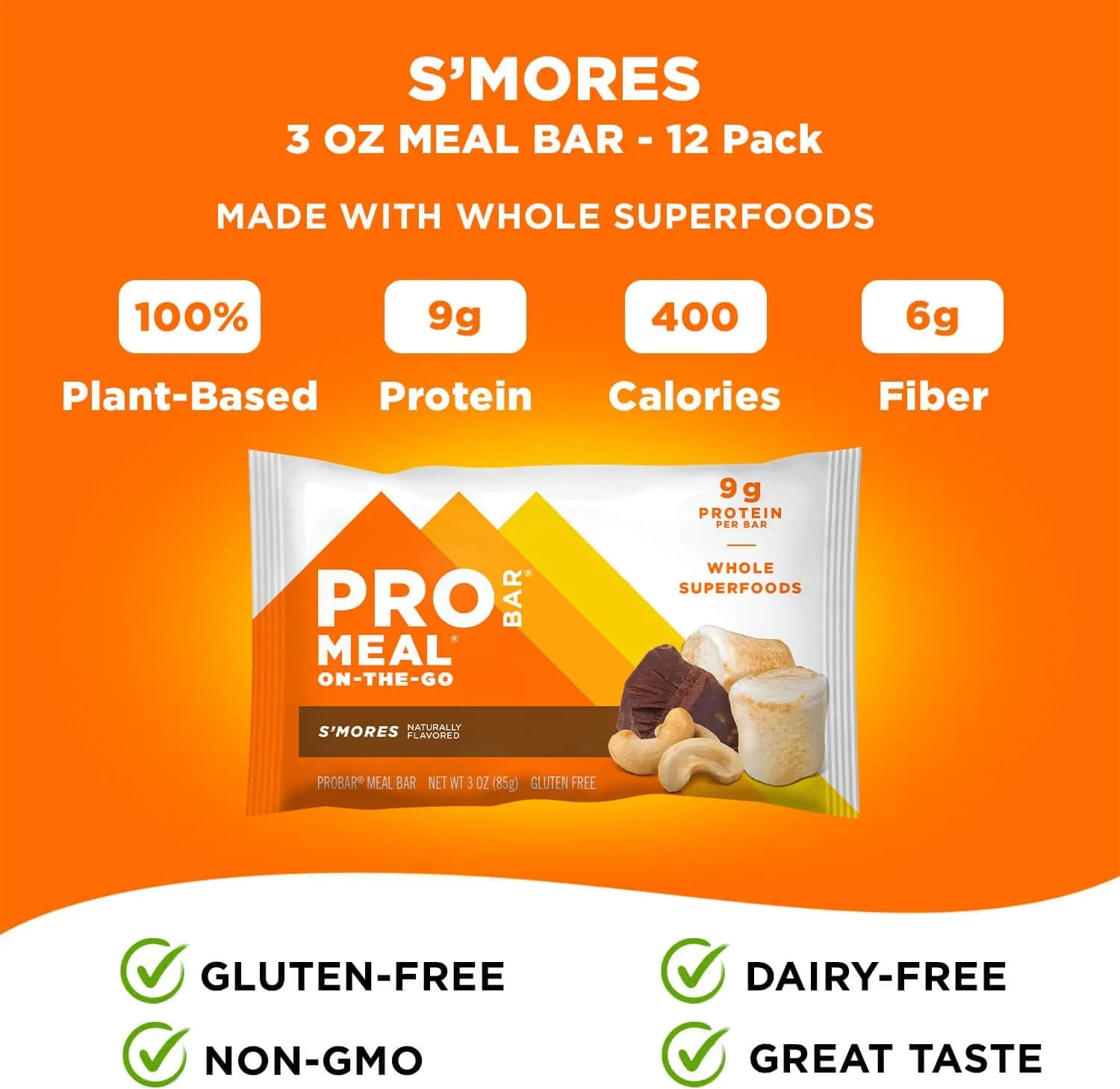 PROBAR - MEAL Bar, S'Mores, Non-GMO, Gluten-Free, Healthy, Plant-Based, Whole-Food Ingredients, Natural Energy (12 Count)