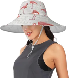 Qilmy Flamingo Womens Sun Hat Waterproof Beach Hat with Chin Strap Hat UV Protection Wide Brim Hat for Summer Outdoor Hiking Fishing Safari Camping Gardening