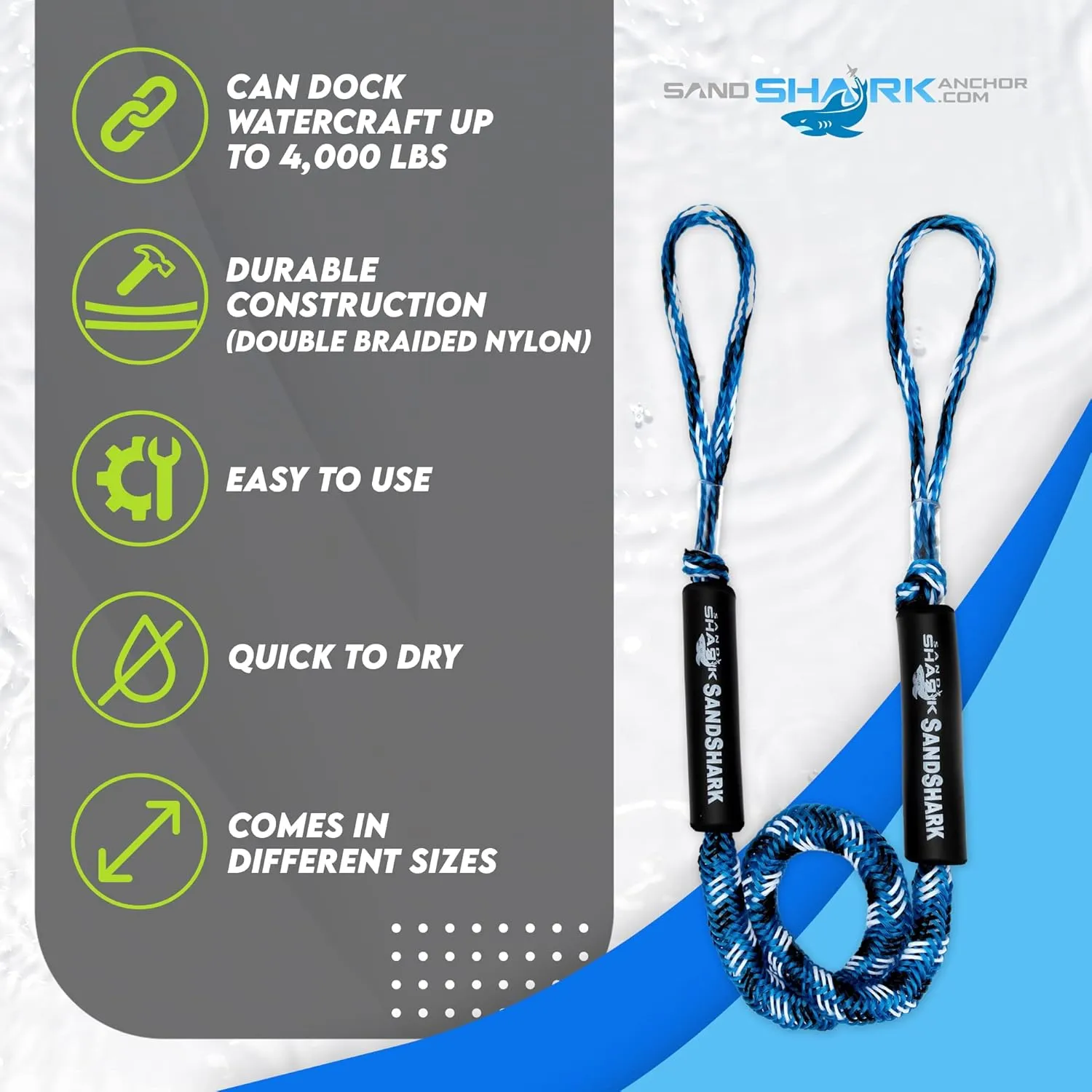 SandShark Premium Anchor Bungee Dock Line. Boat Accessories Anchor Line Absorbs Shock to Anchors and Docks w/Stainless Steel Clip - Blue - 4-5.5ft