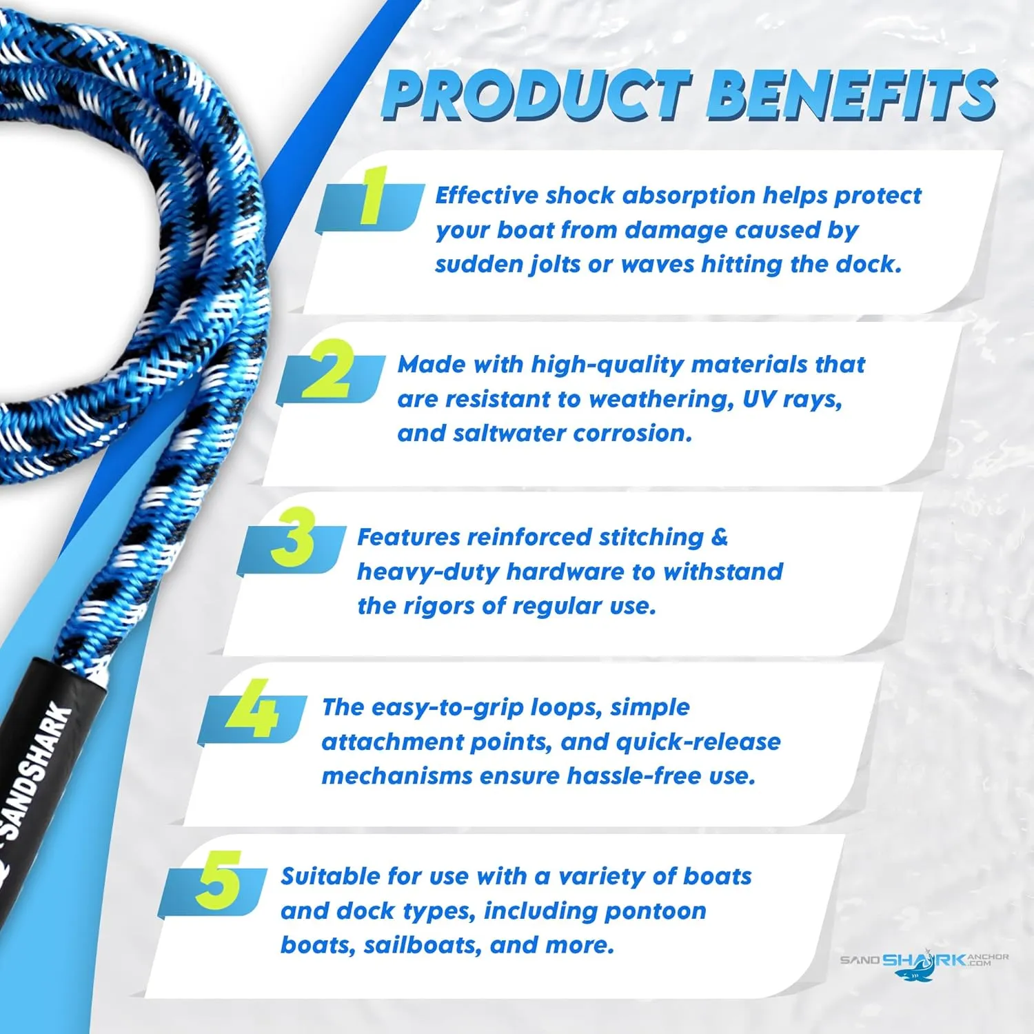 SandShark Premium Anchor Bungee Dock Line. Boat Accessories Anchor Line Absorbs Shock to Anchors and Docks w/Stainless Steel Clip - Blue - 4-5.5ft