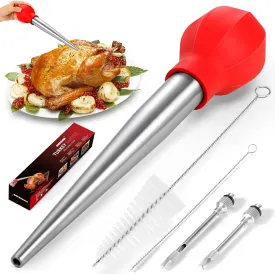 SCHVUBENR Large Turkey Baster with Cleaning Brush & Needle - Stainless Steel Baster Tool for Cooking - Easy to Use and Clean - Heavy Duty Baster Syringe - Flavor Meat Poultry, Beef, Chicken(Red)