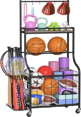 Snughome Garage Sports Equipment Organizer, Ball Storage Rack, Sports Storage Organizer for Garage with Basket, Hooks, and Wheels, Ball Organizer for Football, Soccer Ball, Bat, Toys