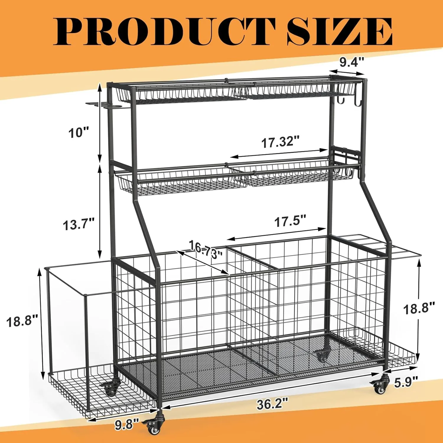 Sports Equipment Organizer, Garage Ball Storage Racks - Outdoor Toy Storage with 2 Side Racks & Removable Baskets, Heavy-Duty Garage Rolling Ball Cart with Wheels, Hooks for Toys, Sports Gear
